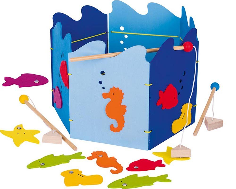 goki Spiel Angelspiel, Gesellschaftsspiel, mit Angelbecken, 3 Angeln und 15 Fischen