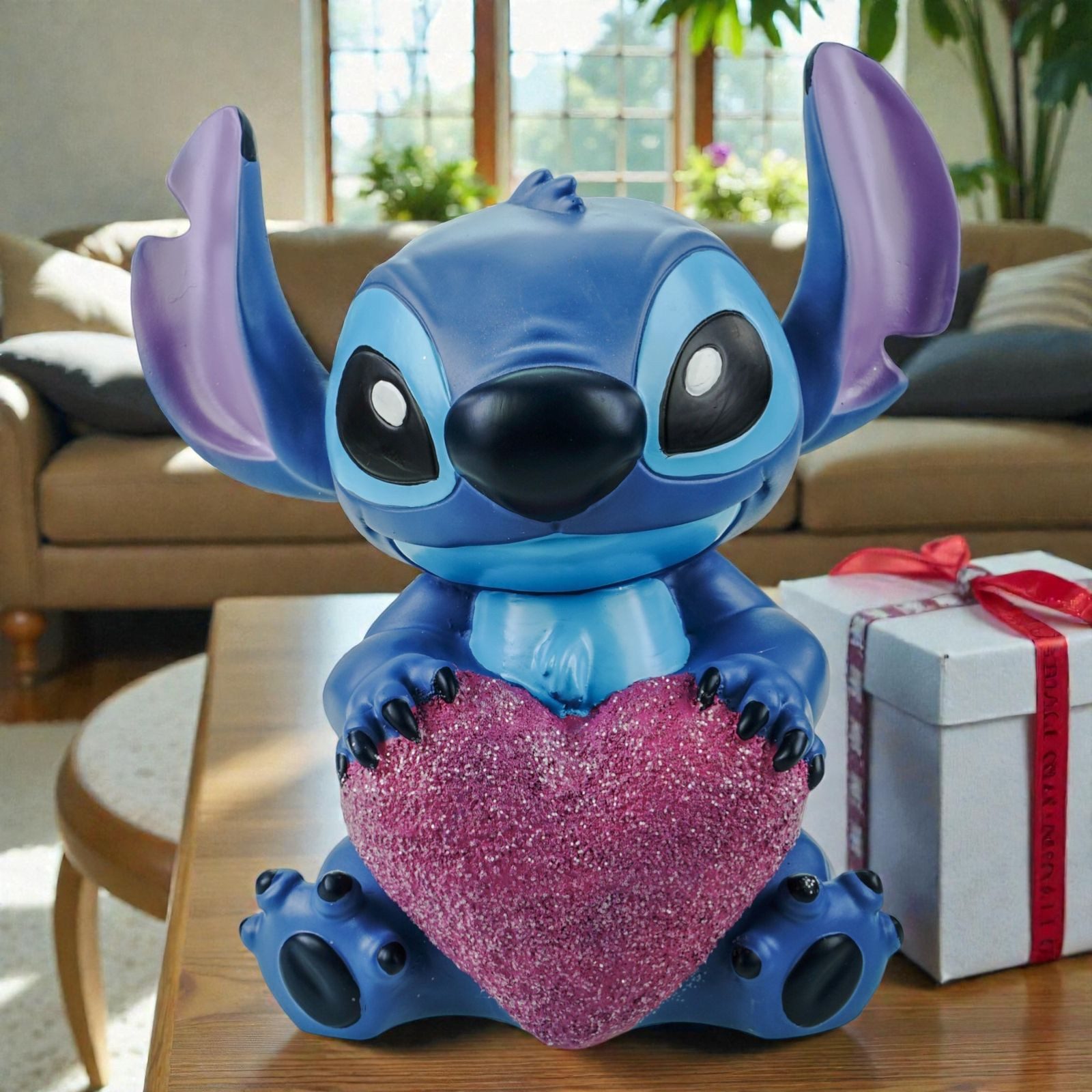 Disney Gartenfigur Stitch mit Herz Wetterfeste Disney Dekofigur aus Polyresin 23x 20 cm