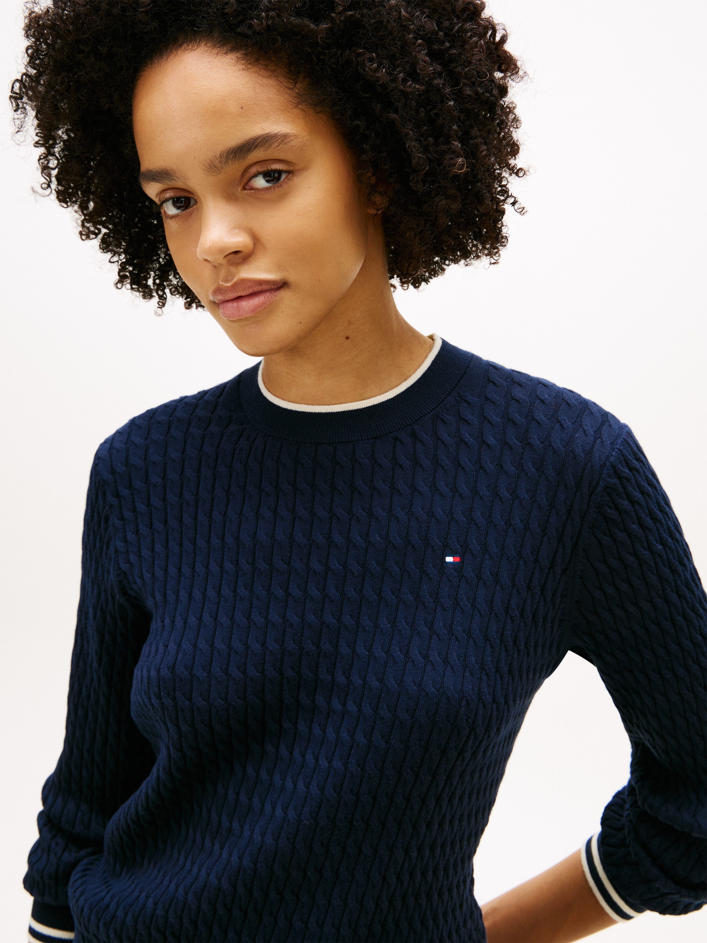 Tommy Hilfiger Rundhalspullover CO CABLE C-NK LS SWEATER Baumwolle, mit Zopfmuster, Regular Fit