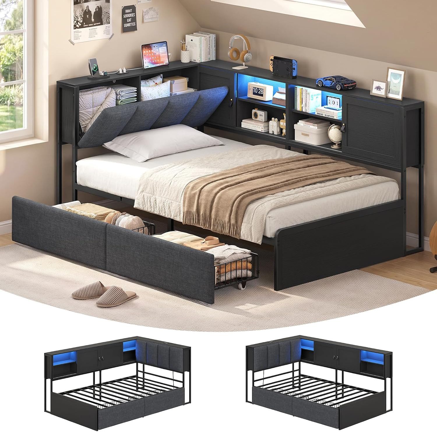 KIMENICH Polsterbett mit LED‑Beleuchtung, integrierter Ladestation und Stauraum‑Kopfteil (Ohne Matratze), Schlafsofa, Jugendbett, Tagesbett, 2 Schubladen, 90 x 200 cm