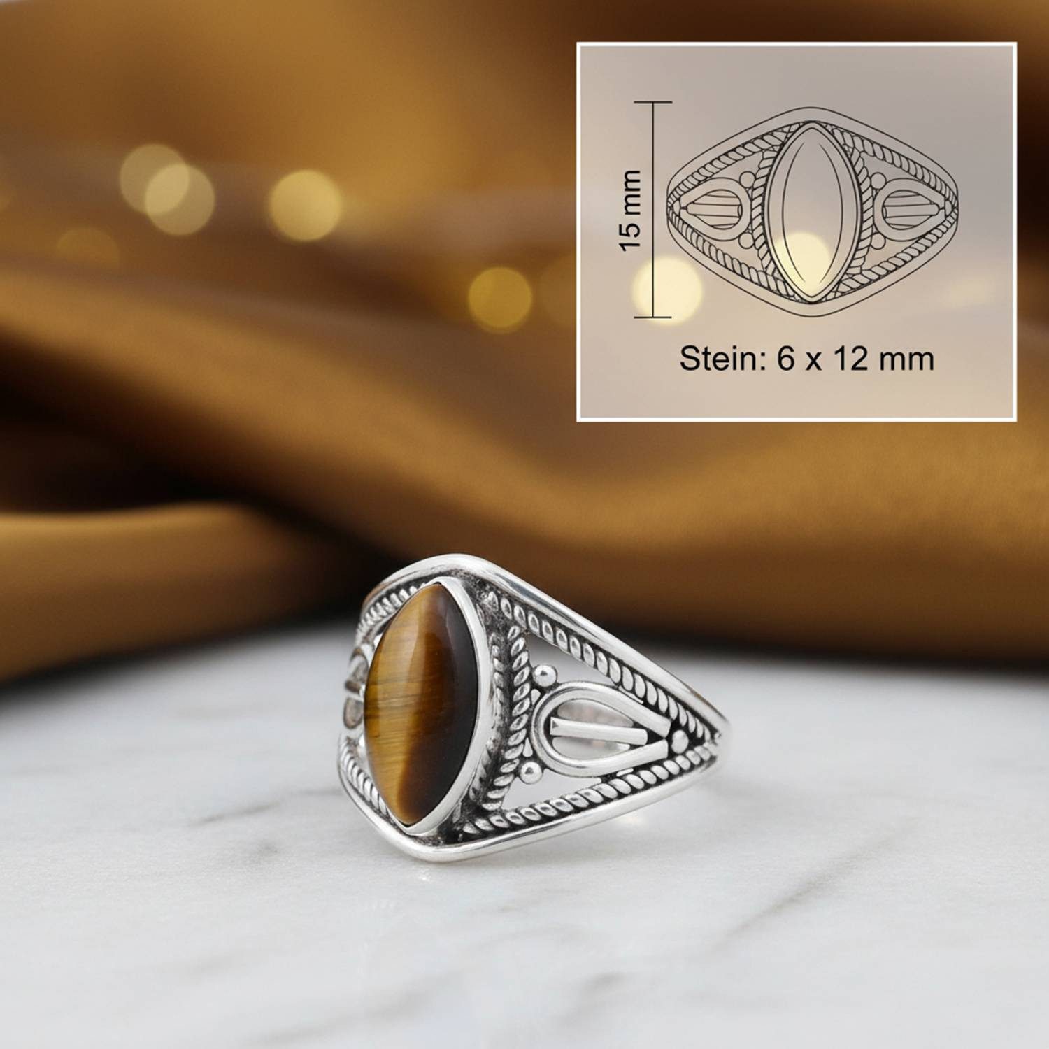 mantraroma Silberring DAHAB Ellipse aus 925 Silber mit Tigerauge (Ring mit Schmuckbeutel), Damenring aus 925er Silber