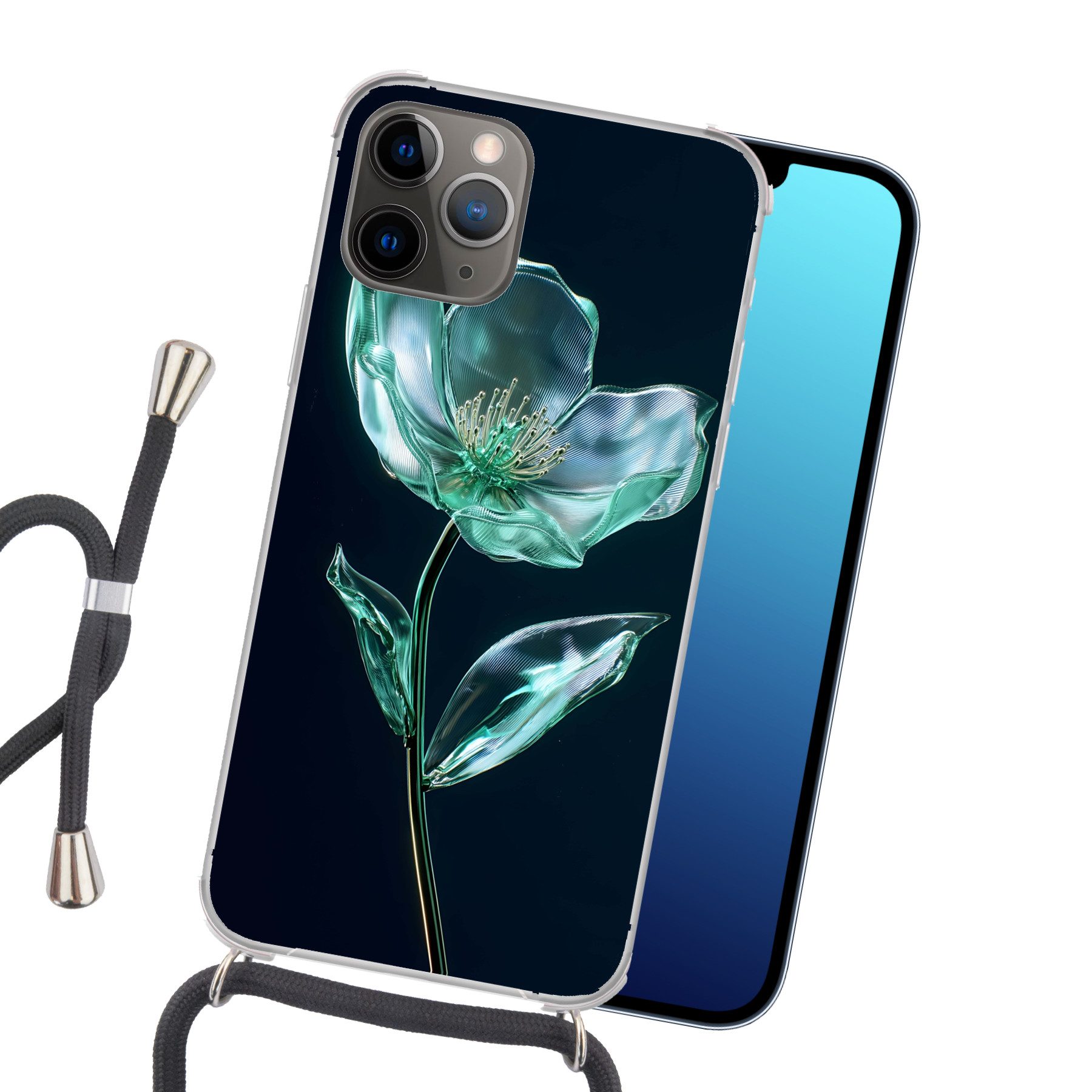 MuchoWow Handyhülle für Apple iPhone 13 Pro Max Blätter - Blume - Gläser - Dunkelblau, Tragbare Handyhüllen mit Kette zum umhängen, Handykette Handyband
