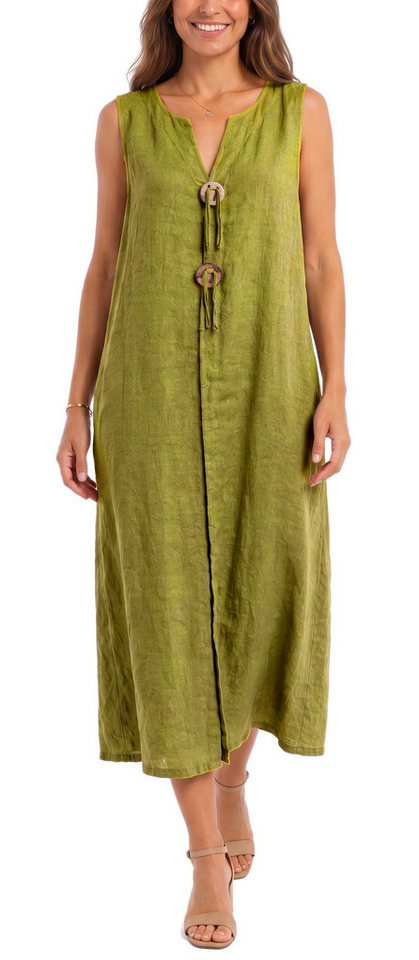 dy_mode Sommerkleid Damen Leinenkleid Luftiges Maxi Sommerkleid Strandkleid Damenkleid in Unifarbe, V-Ausschnitt, mit seitlichen Eingriffstaschen