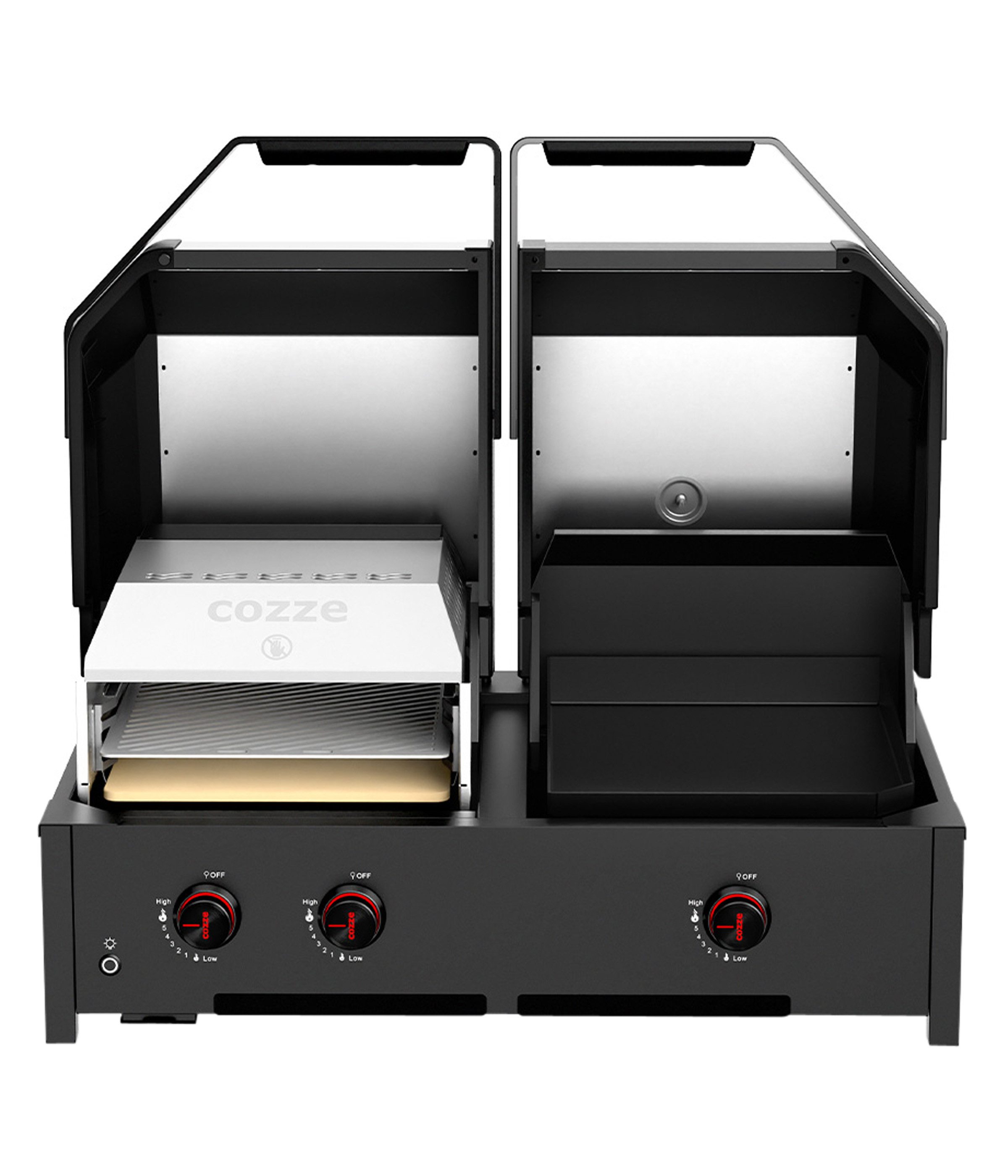 COZZE Gasgrill Gas-Grill Quattro 900, BBQ-Grill, Temperatur bis 800°C, mit Pizzastein, Grill, Plancha, 13 kW, 3 Brenner