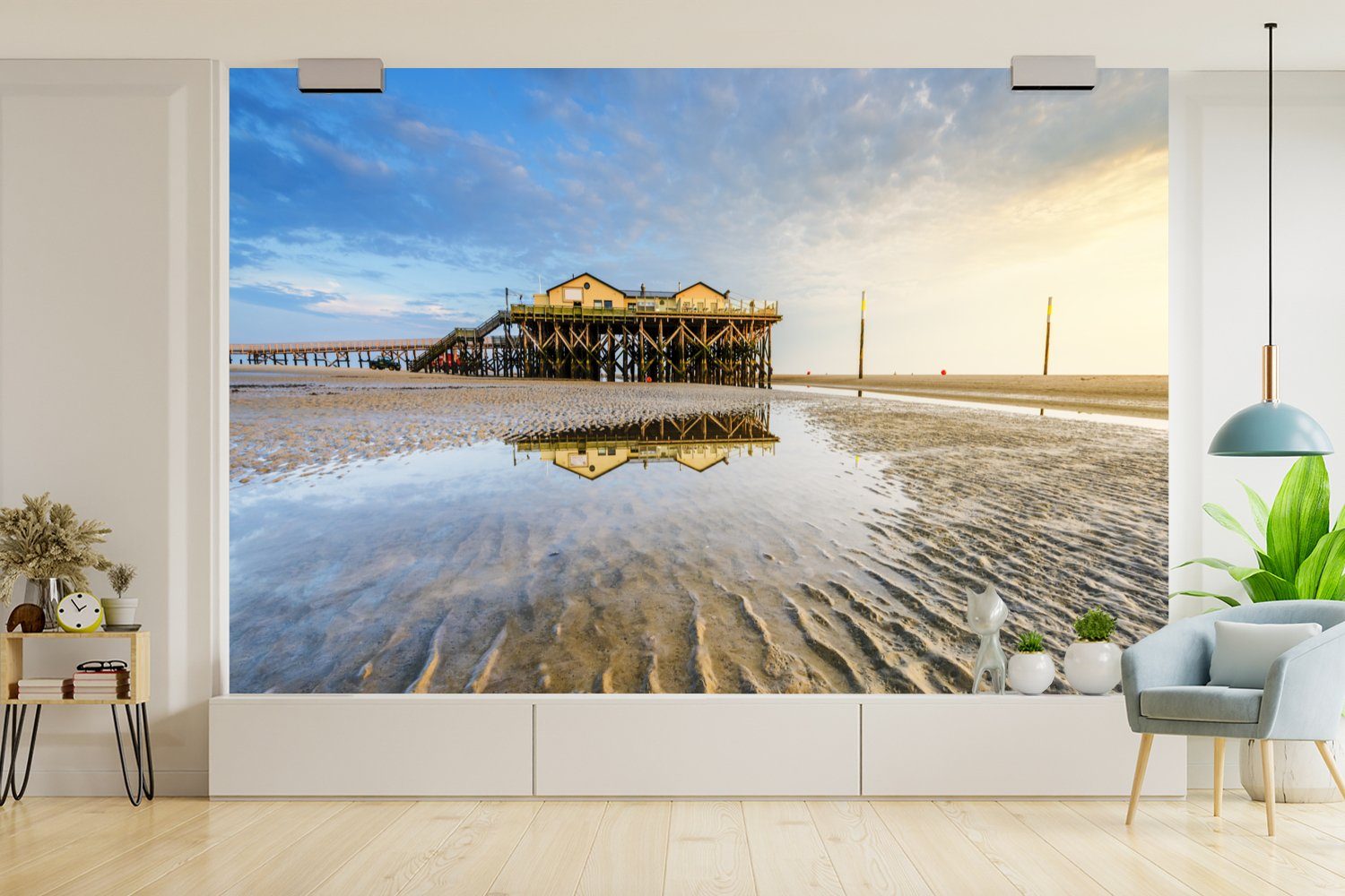 (6 Wohnzimmer, Kinderzimmer, Vinyl Schleswig-Holsteinisches für Tapete St), Matt, des Nationalparks MuchoWow Wattenmeer, Schlafzimmer, bedruckt, Strandpavillon Wallpaper Fototapete