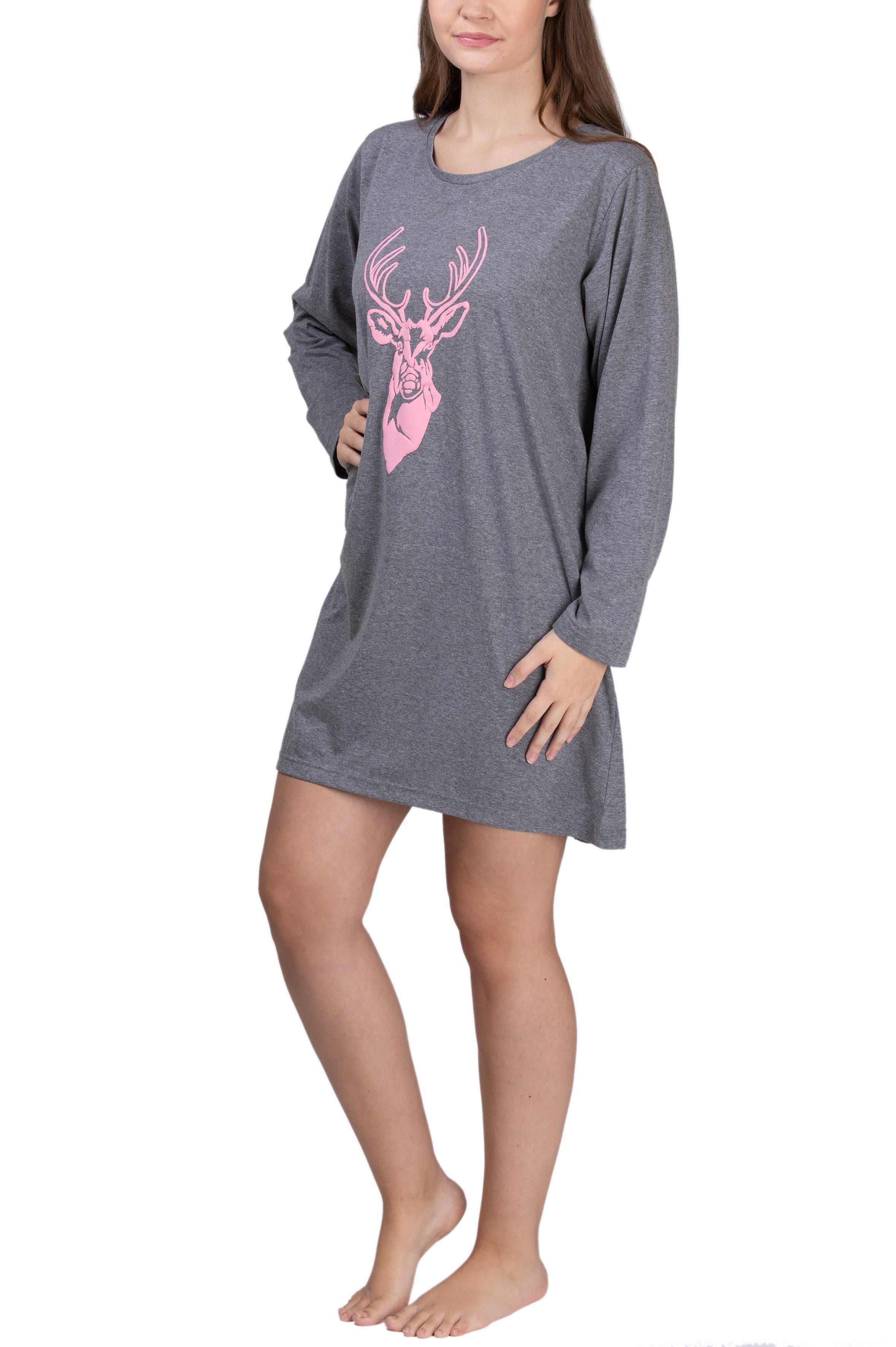 Moonline Sleepshirt maluuna Damen Nachthemd langarm mit Hirschmotiv aus 100% Baumwolle von Größe S - XL