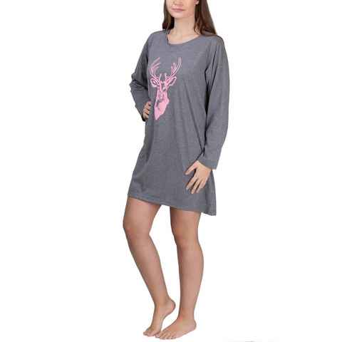 Moonline Sleepshirt maluuna Damen Nachthemd langarm mit Hirschmotiv aus 100% Baumwolle von Größe S - XL