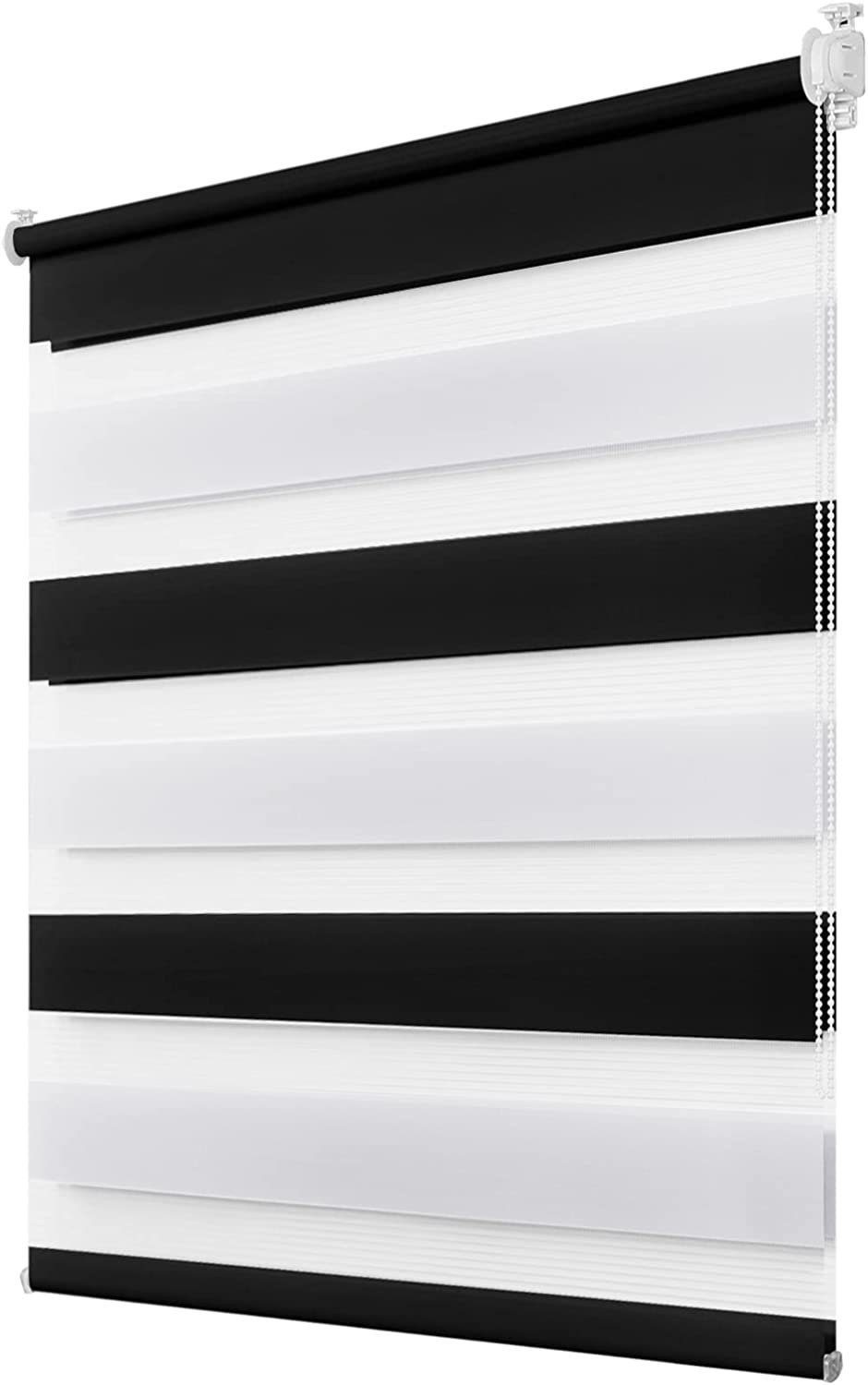 Doppelrollo Ohne Bohren, Schwarz-Weiß/Weiß-Anthrazit-Aubergine, OUBO, freihängend, verspannt, Klemmträger,klemmfix, Lichtschutz schnelle und einfache Montage mit beiliegendem