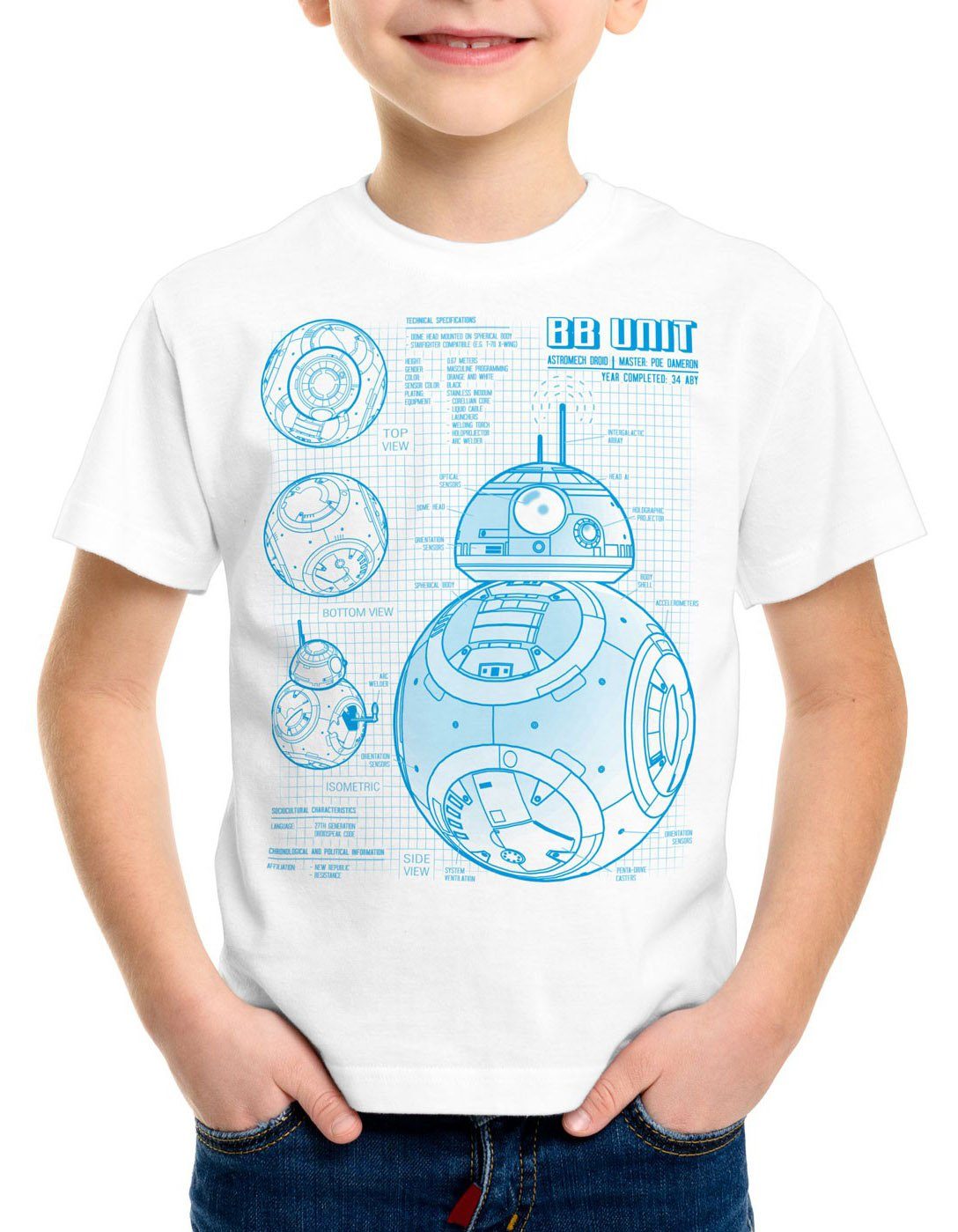 style3 Print-Shirt Kinder T-Shirt BB Unit blaupause astromech droide weiß