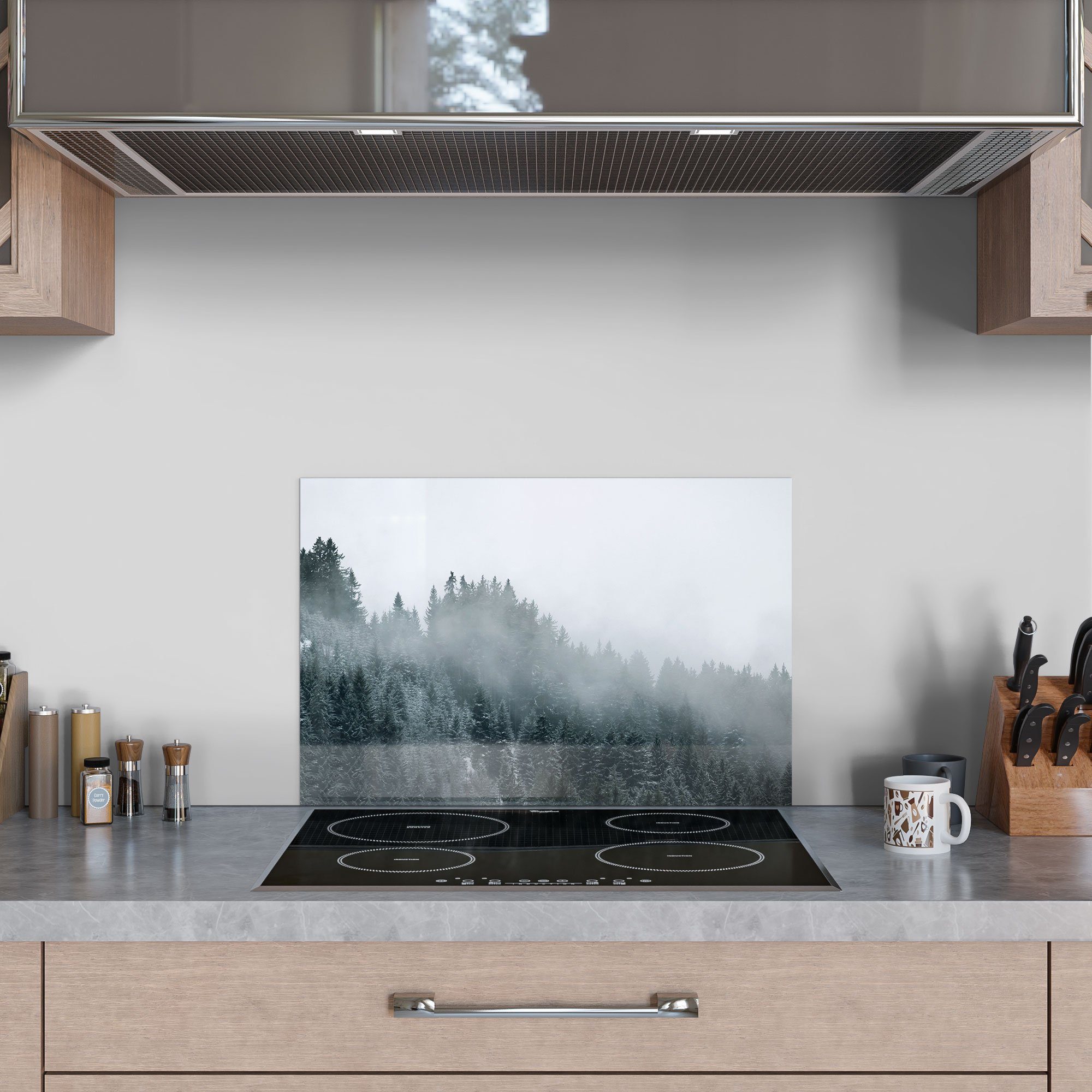 Küchenrückwand Glas Herdblende Spritzschutz Badrückwand DEQORI 'Nebel über Baumwipfeln',