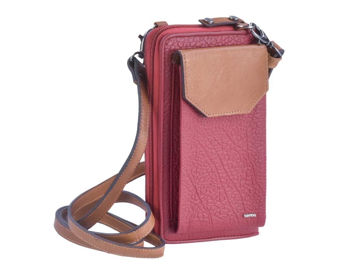 berba Umhängetasche Sophie, Geldbörse, mit Handyfach 8x16cm, genarbtes weiches Leder rot cognac