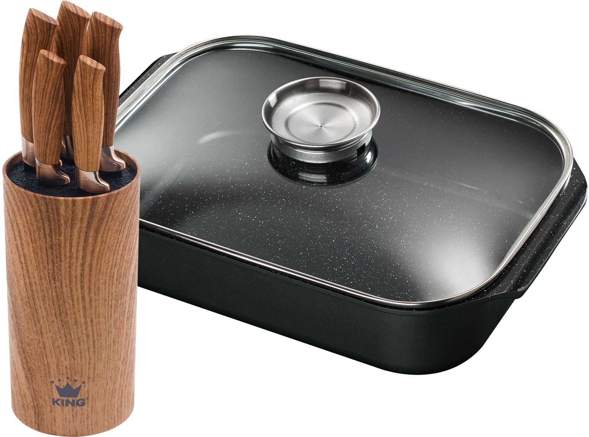 KING Bräter, Aluminiumguss (Set, 8-tlg), Bräter 6L+Glasdeckel,Keramikbeschichtung »Fusion«,Messer+-block