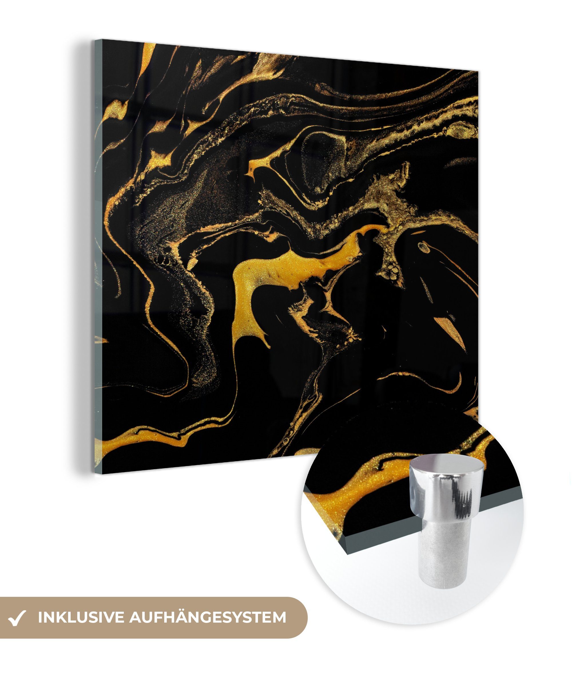 MuchoWow Acrylglasbild Muster - Gold - Schwarz, (1 St), Glasbilder - Bilder auf Glas Wandbild - Foto auf Glas - Wanddekoration