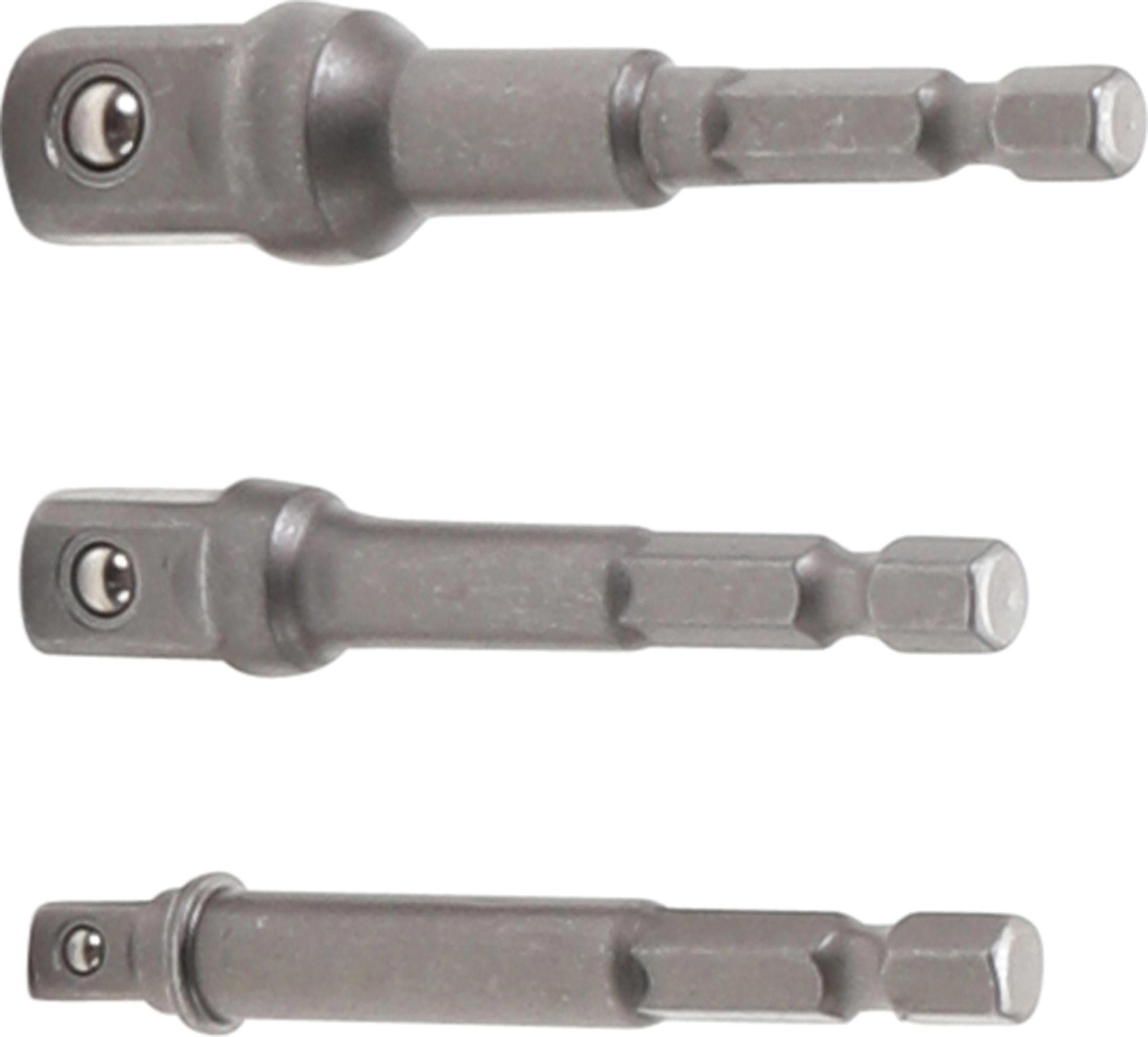 BGS technic Ratschenringschlüssel Adapter-Satz für Bohrmaschinen, Außensechskant Antrieb 6,3 mm (1/4), Abtrieb Außenvierkant 6,3 mm (1/4), 10 mm (3/8), 12,5 mm (1/2), 3-tlg.