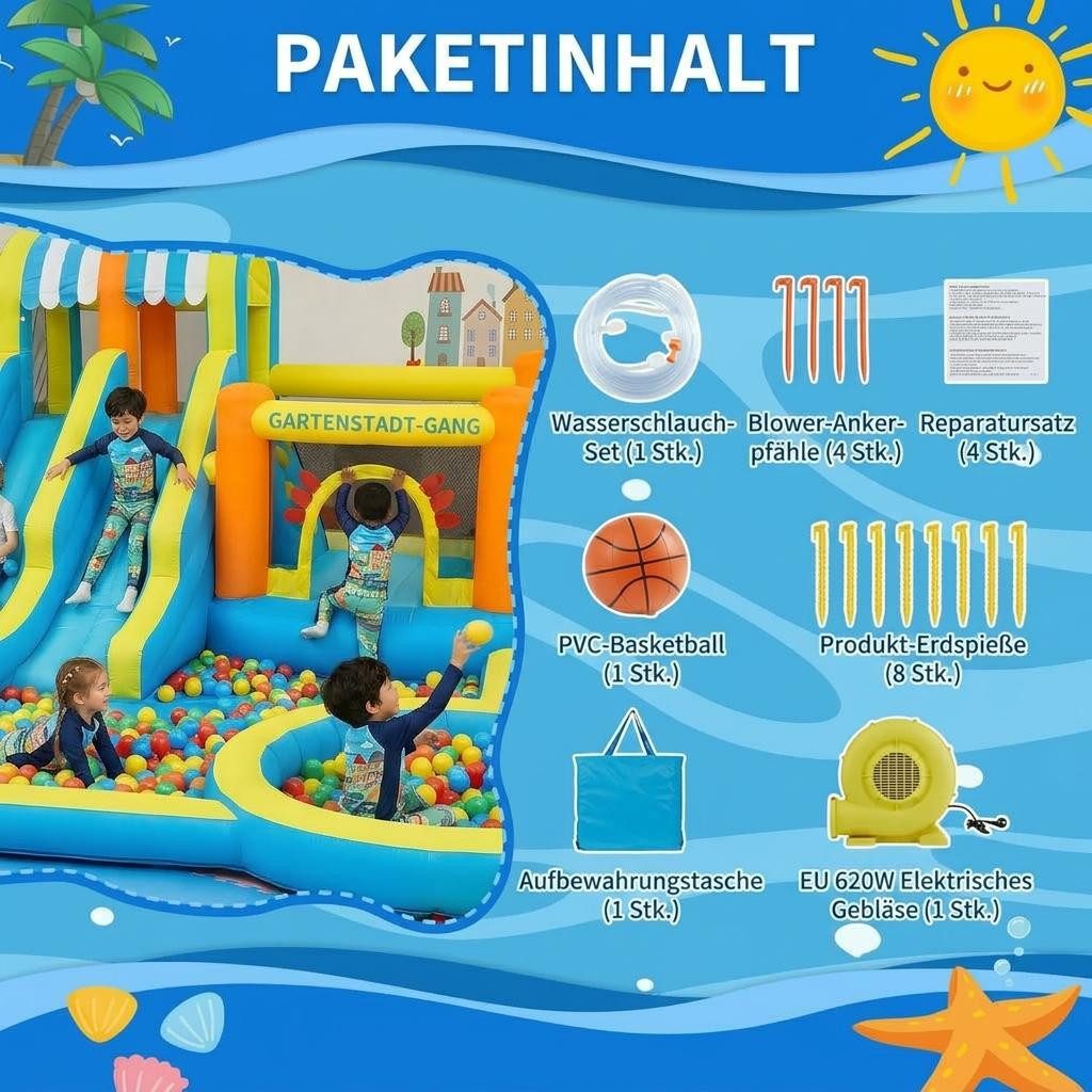 GarveeMore Hüpfburg mit Wasserrutsche482x381x241cm,10in1 Aufblasbare Hüpfburg mit Gebläse, Kletterwand, Springen, Wasserpistole, Splash Pool Basketballkorb