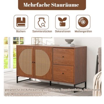 OKWISH Sideboard Kommode (Kommode mit Metallsockel und Rattantüren, Anrichte, Highboard, mit 2 Fächern und 2 Schubladen), Breite 130cm