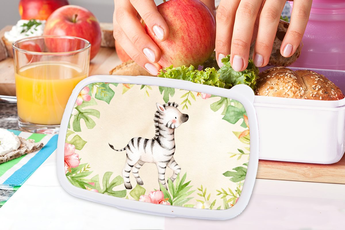 Lunchbox Aquarell, Brotdose, (2-tlg), - Zebra Brotbox und für Kinder MuchoWow weiß - Dschungel und Mädchen für Kunststoff, Erwachsene, Jungs
