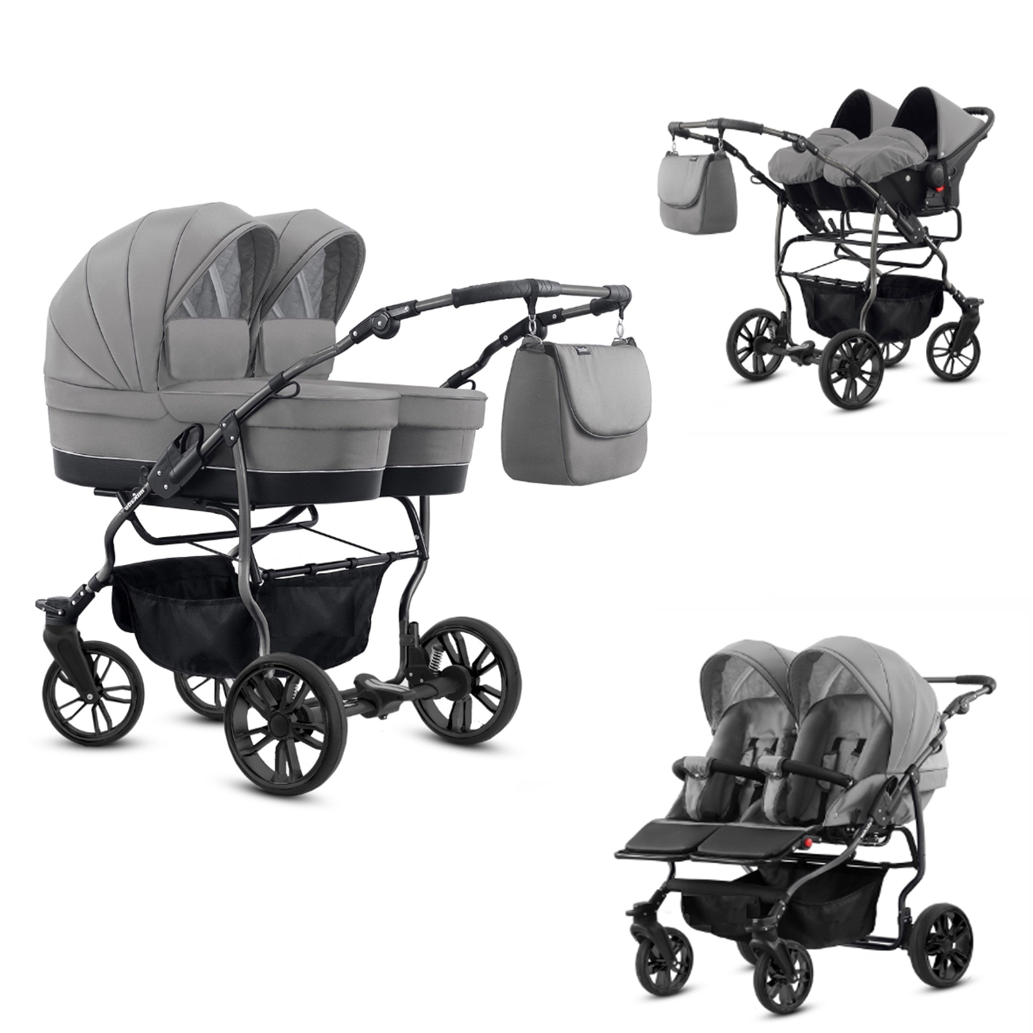 BabyMerc Zwillingswagen Twin Lux 4 in 1 inkl. Sportsitze, Autositze und Zubehör in 7 Farben