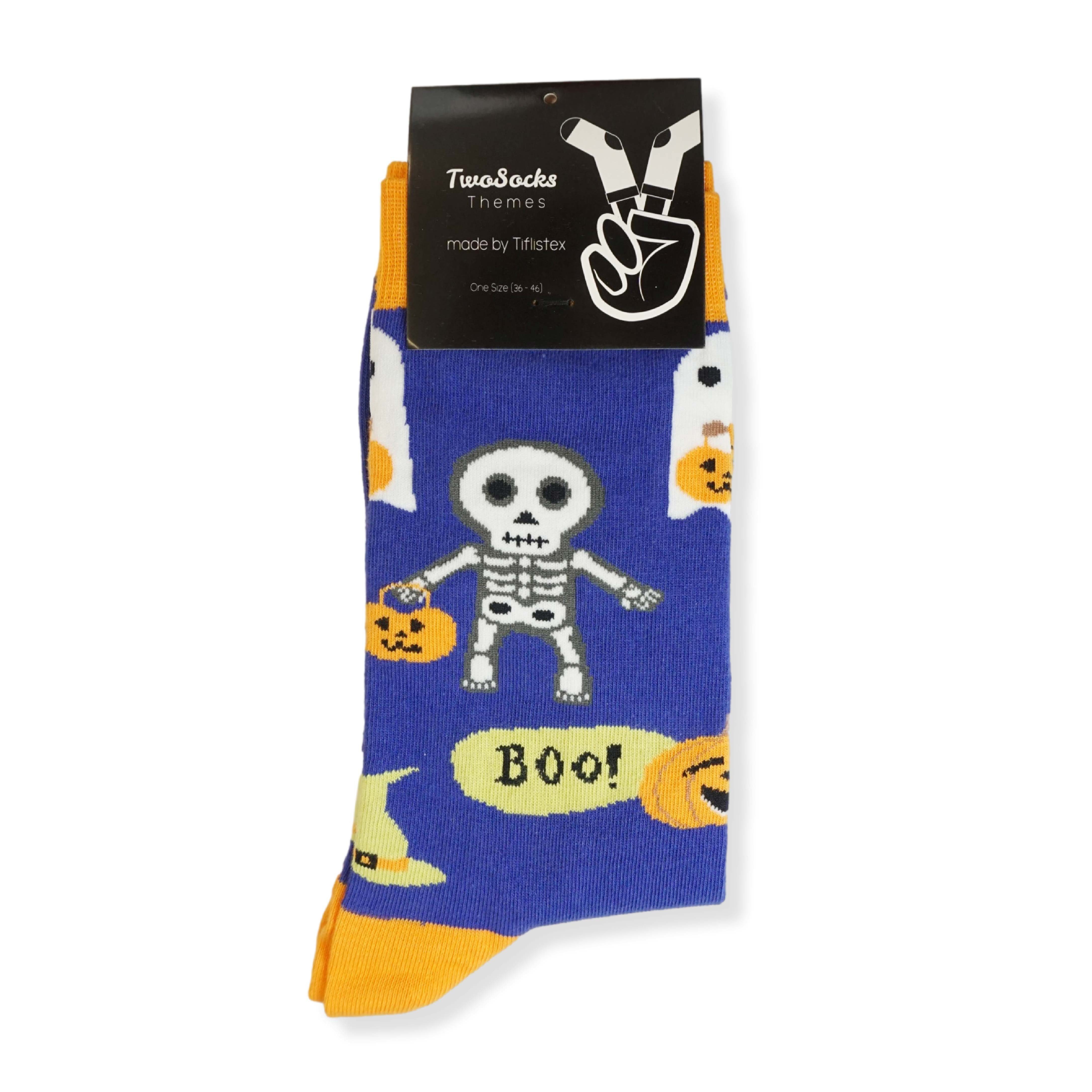TwoSocks Freizeitsocken Halloween Socken Skelett und Kürbis für Damen & Herren Einheitsgröße (2 Paar)
