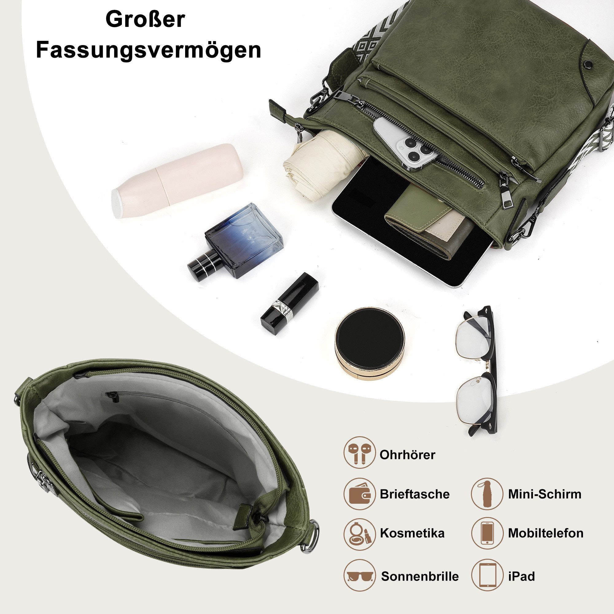 TAN.TOMI Umhängetasche Damen Mittelgroß Schultertasche Mehrere Taschen Crossbody Bag, Mit Verstellbarem Gurt für Schule Arbeit Reisen Ausflug Einkauf – Bild 5 von 5