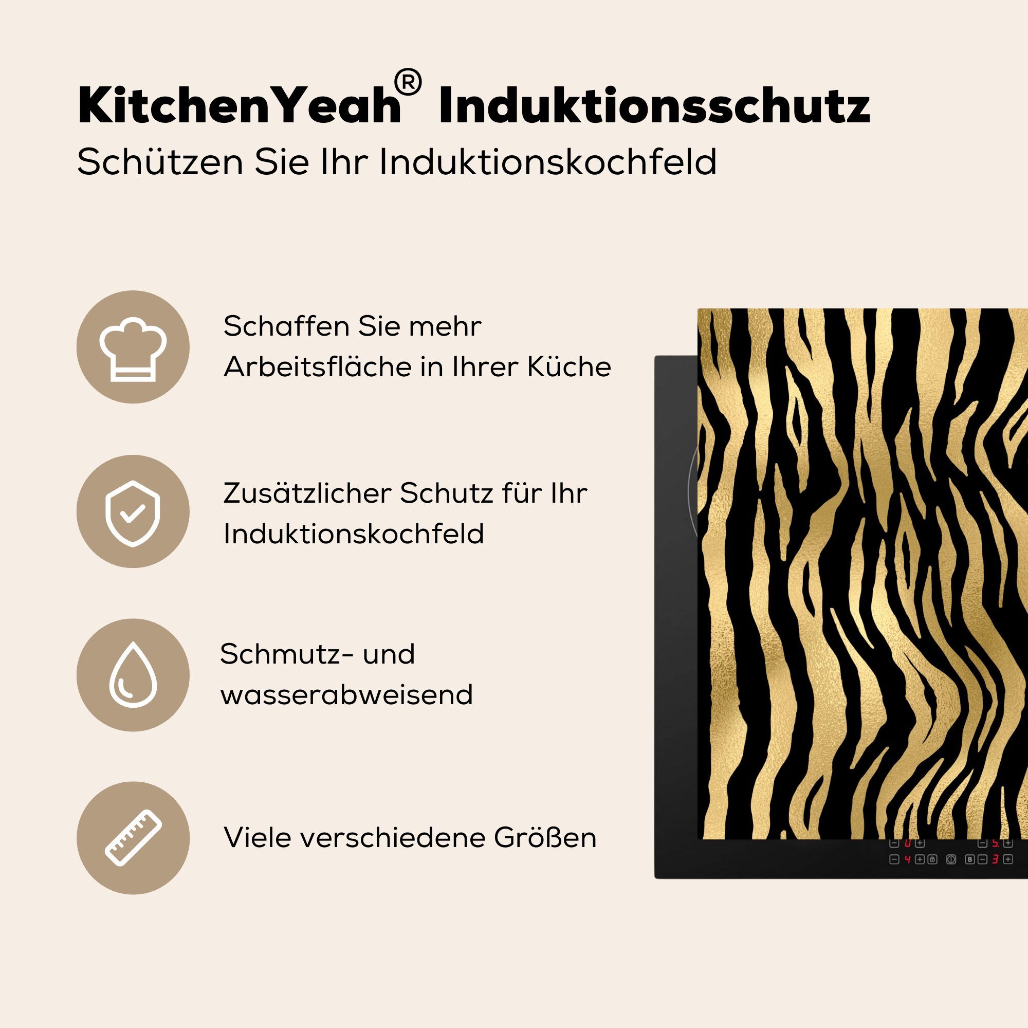 cm, - (1 küche Vinyl, 78x78 für - Arbeitsplatte Gold, Zebra Muster MuchoWow Ceranfeldabdeckung, Herdblende-/Abdeckplatte tlg),