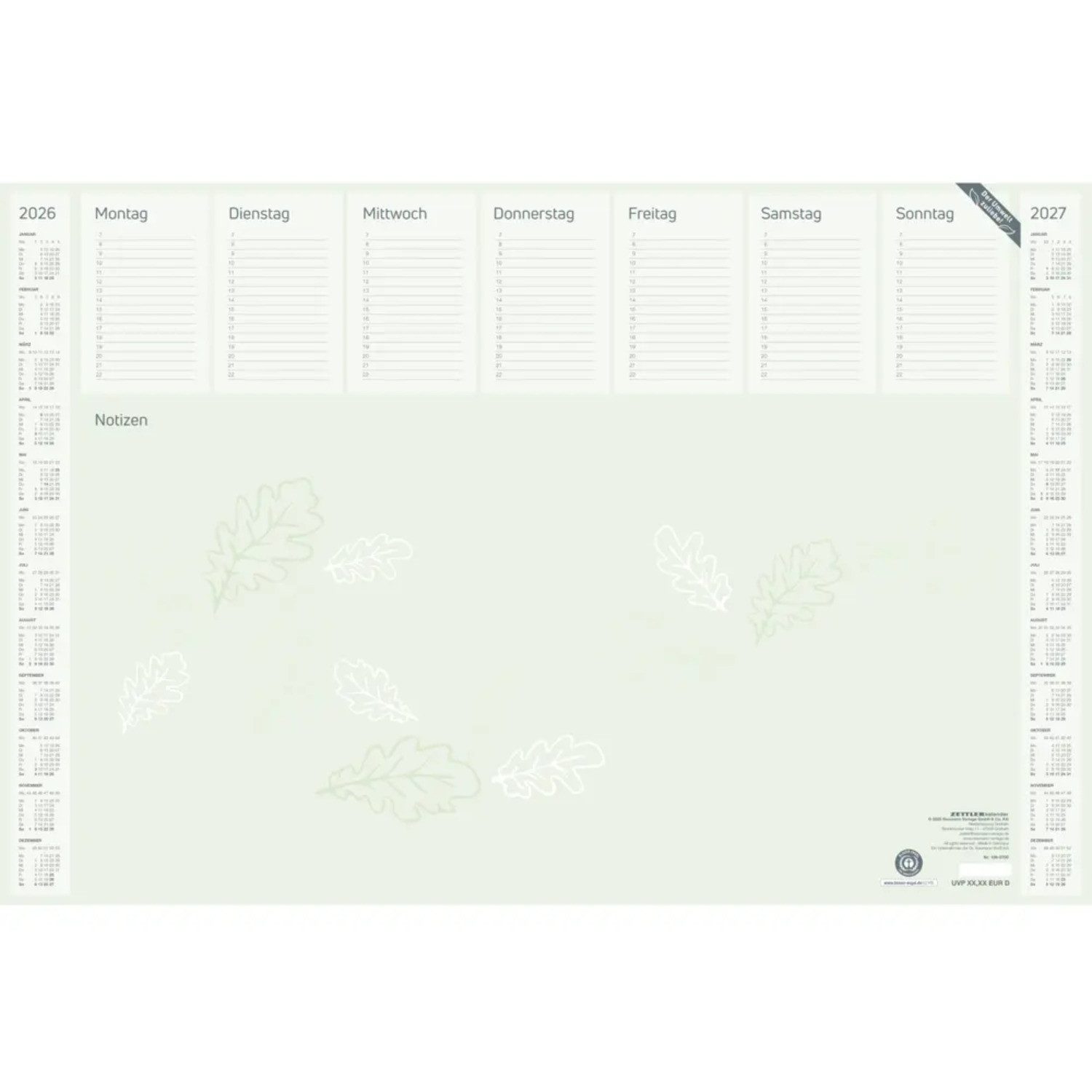 ZETTLER Tischkalender Zettler Schreibunterlage Blauer Engel 2026 - Schreibtischunterlage...