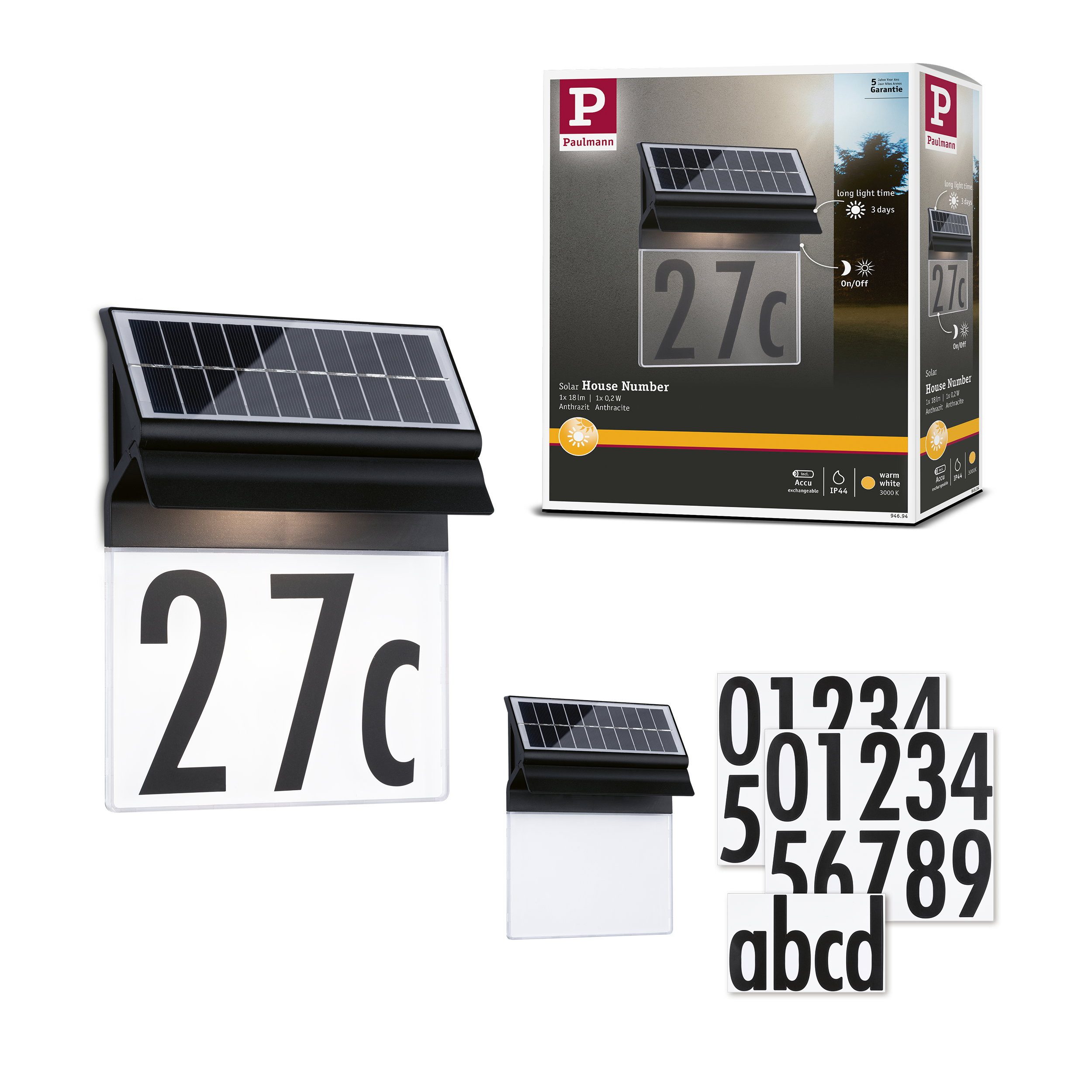 Paulmann Außen-Wandleuchte Solar LED Hausnummernleuchte B Ware Neda IP44 3000K 14lm Schwarz