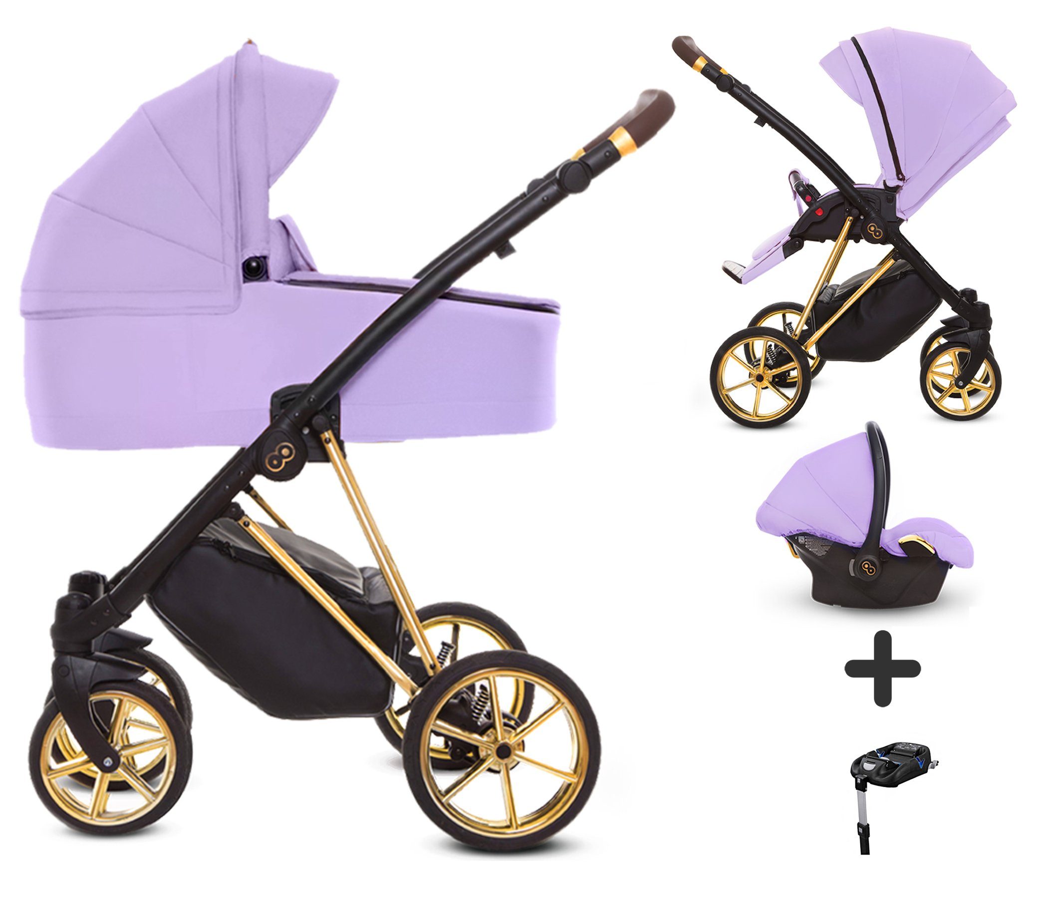 TPFFamily Kombi-Kinderwagen 4 in 1 Musse Ultra, Baby Buggy Babywanne Autositz Isofix Basis, großes Zubehör-Set Kinderwagen 4 in 1 Stoff Lila, Gestell Gold