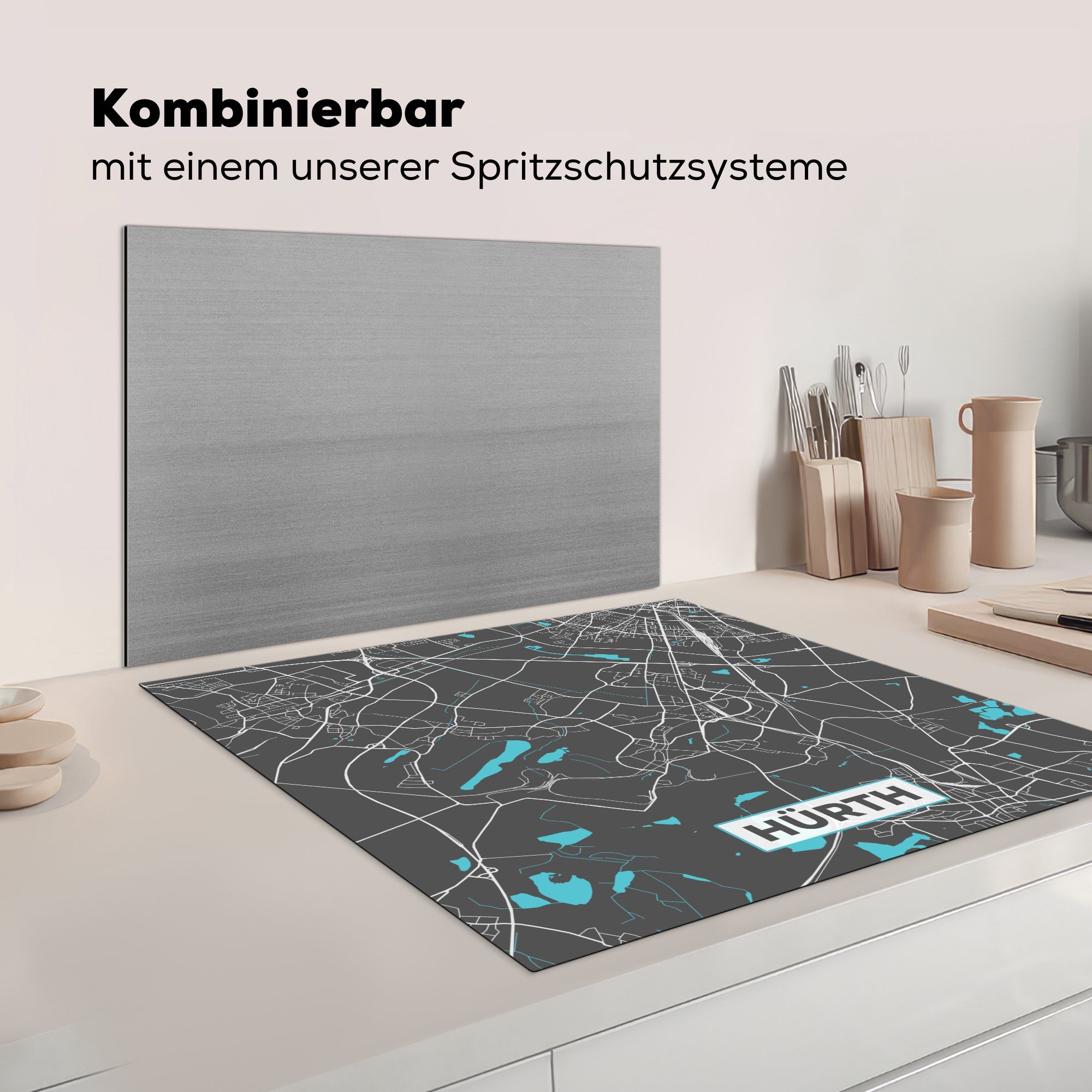Blau, - Ceranfeldabdeckung, cm, - Hürth - Arbeitsplatte Stadtplan für Karte Vinyl, MuchoWow Deutschland küche (1 - 78x78 Herdblende-/Abdeckplatte tlg),