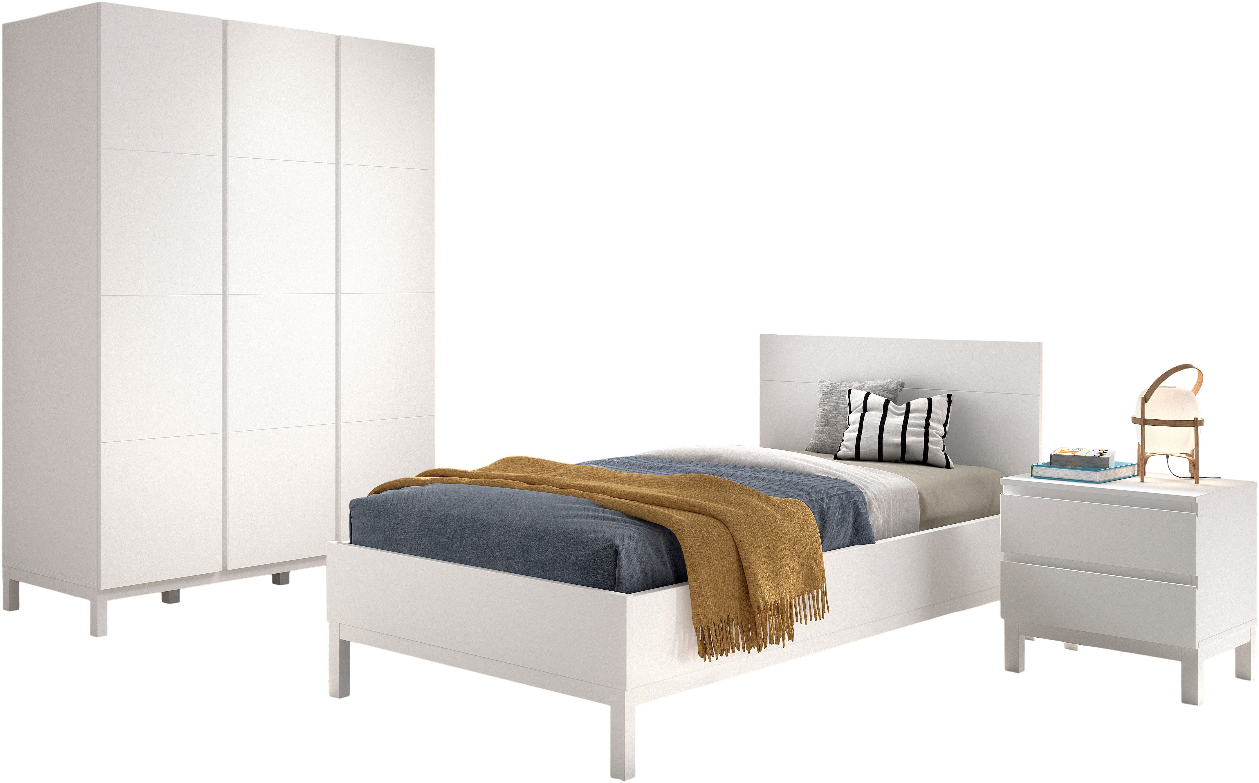 Vipack Jugendzimmer-Set Set best. aus Einzelbett 90/200, Nachtkonsole, Kleiderschrank 3-trg., (3-tlg), in gradlinigem Design, pflegeleichte lackierte Oberfläche in Weiß