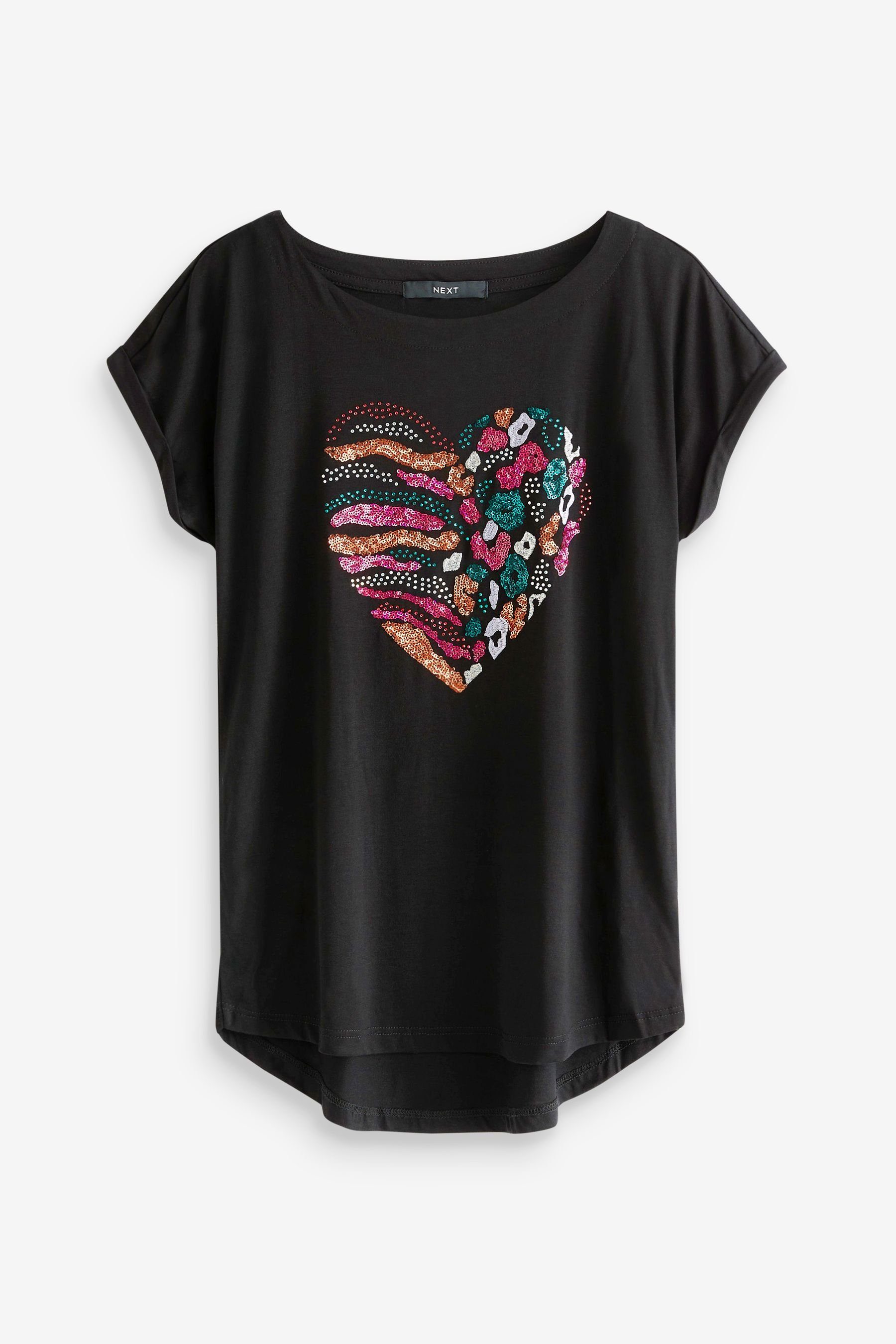 T-Shirt Embellished Next mit T-Shirt geschwungenem Saum Sequin (1-tlg) Heart Black