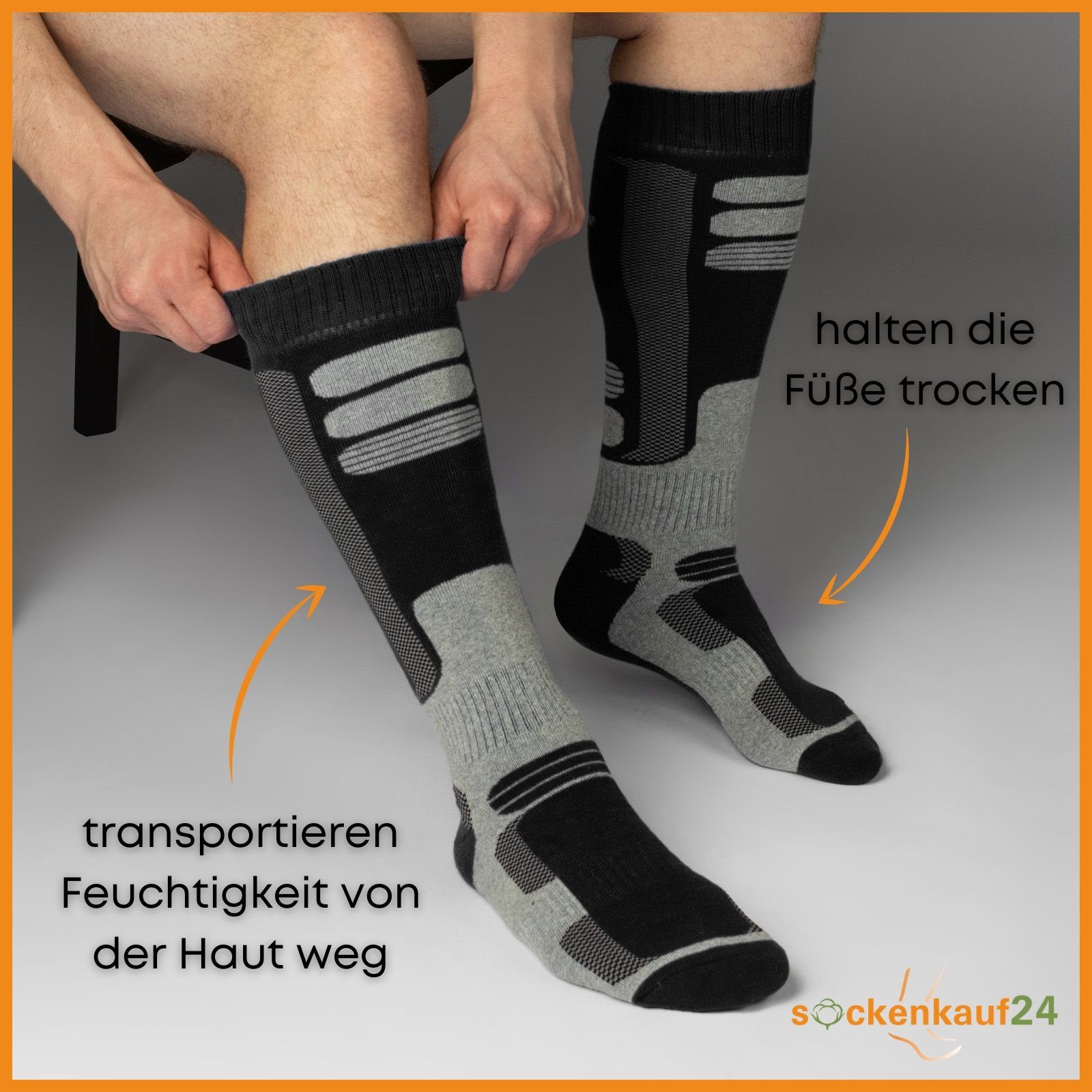 sockenkauf24 Skisocken 2 Paar Ski Strümpfe Herren & Damen Ski Socken lang (Schwarz/Schwarz, 35-38) Atmungsaktiv - 42816