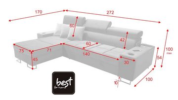 Best for Home Ecksofa Anita I Mini Luxus und Elegantes mit Schlaffunktion, hat einen Öffnungsbügel, eine Steckdose und einen USB-Anschluss