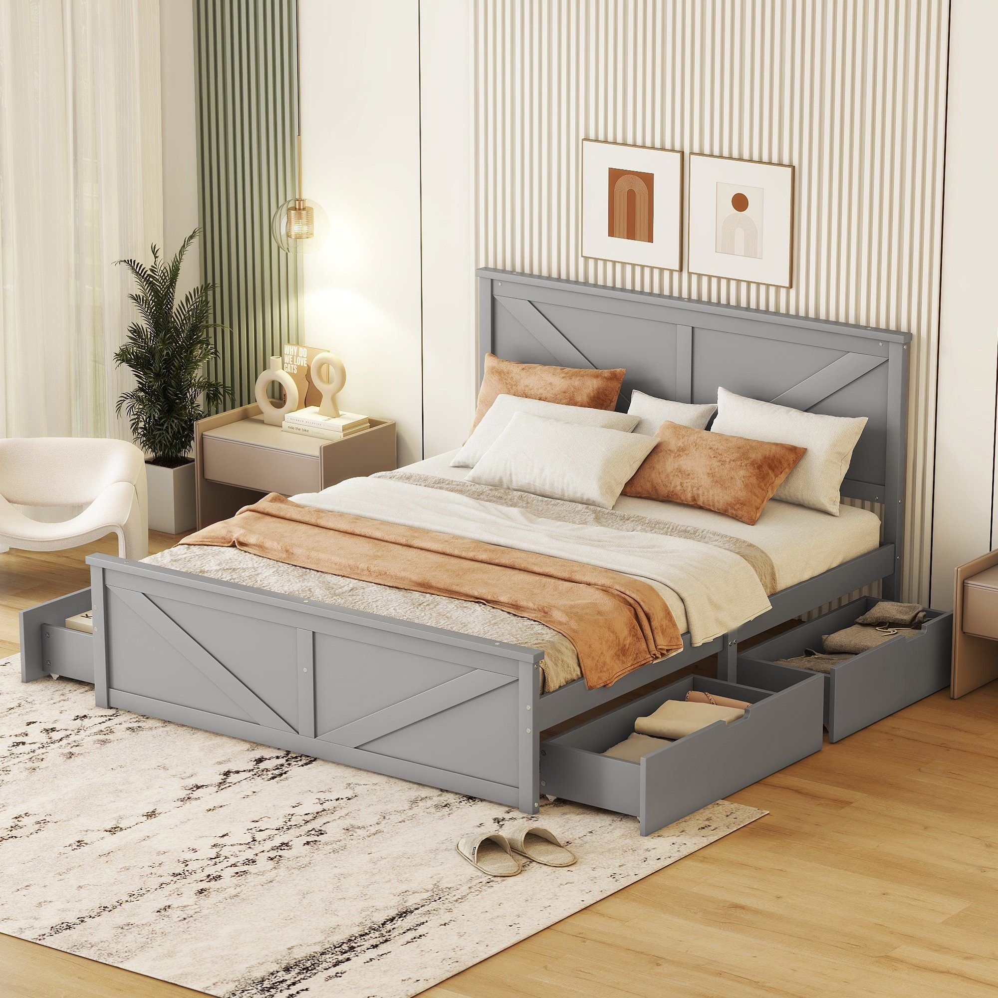 SOFTWEARY Massivholzbett Doppelbett mit Lattenrost, Kopfteil und 4 Schubladen (160x200 cm), Holzbett aus Kiefer grau