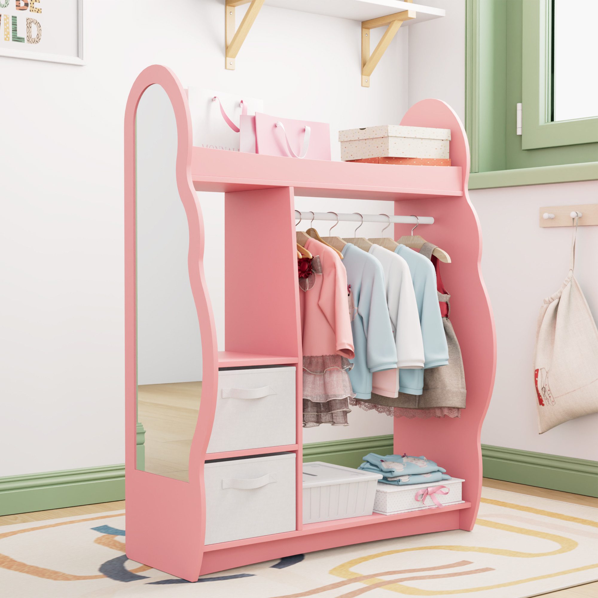 radelldar Kinderkleiderschrank mit Kleiderstange 3 -St. mit Spiegel & 2 Boxen & 2 Haken, Holz (1-St) Mit Spiegel, 2 Schubladen Rosa, 2/3 Schubladen Rosa, Weiß/Rosa