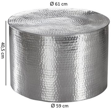 Wohnling Couchtisch WL5.481 (61x40,5x61 cm Aluminium Hammerschlag Silber Rund), Kleiner Wohnzimmertisch, Sofatisch Orientalisch