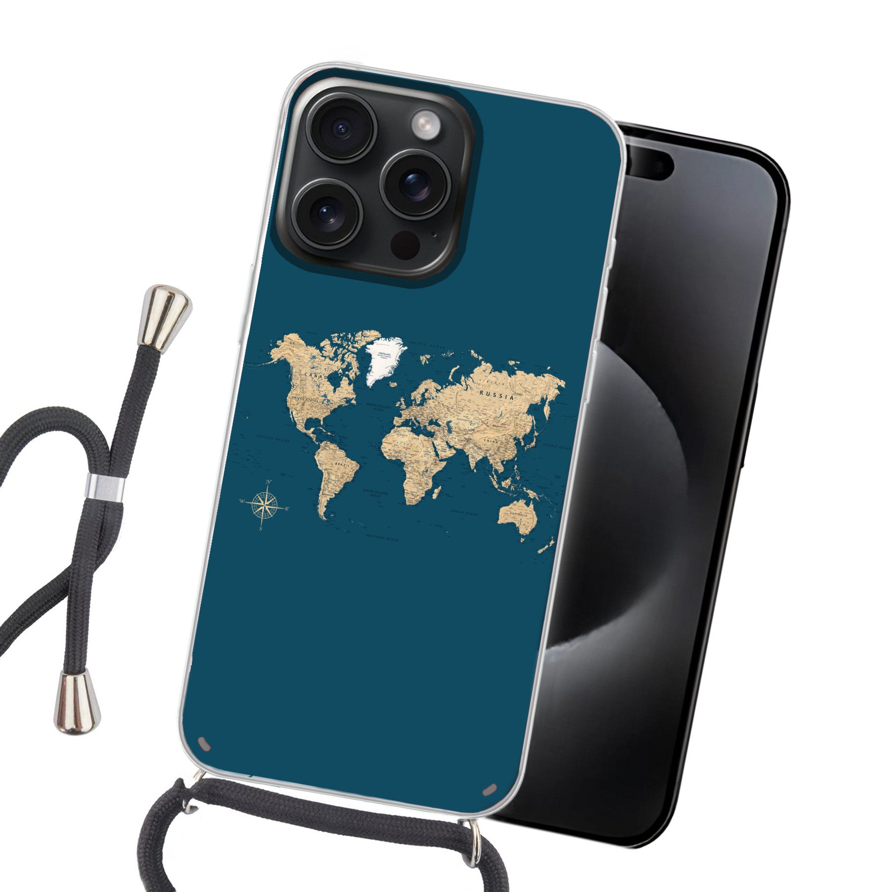 MuchoWow Handyhülle für Apple iPhone 15 Pro Max Weltkarte - Dunkelblau - Beige, Tragbare Handyhüllen mit Kette zum umhängen, Handykette Handyband