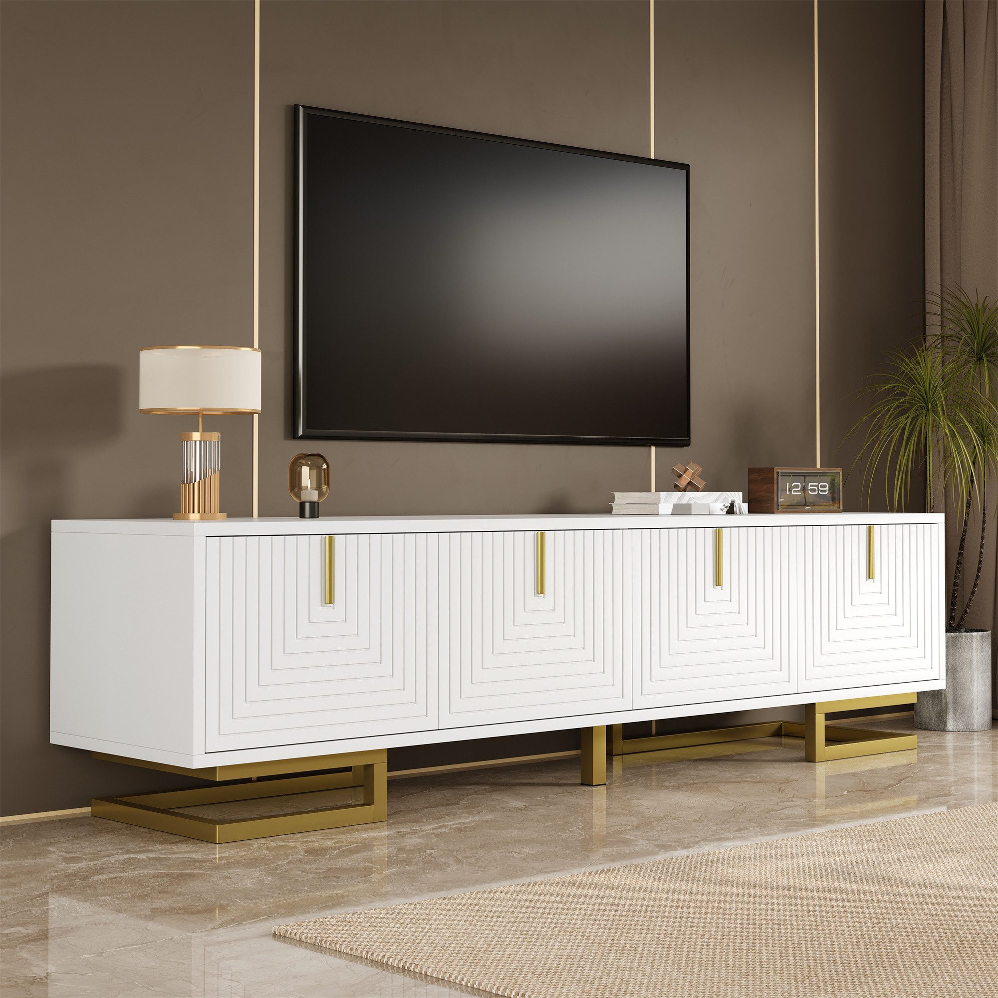 REDOM Lowboard mit Goldene Beine und vertikale Griffe (TV-Möbel, Fernsehschrank, 1 St., langlebig und stabil,verstellbare Füße), mit Licht- und Schatteneffekt, gedämpfte Scharniere