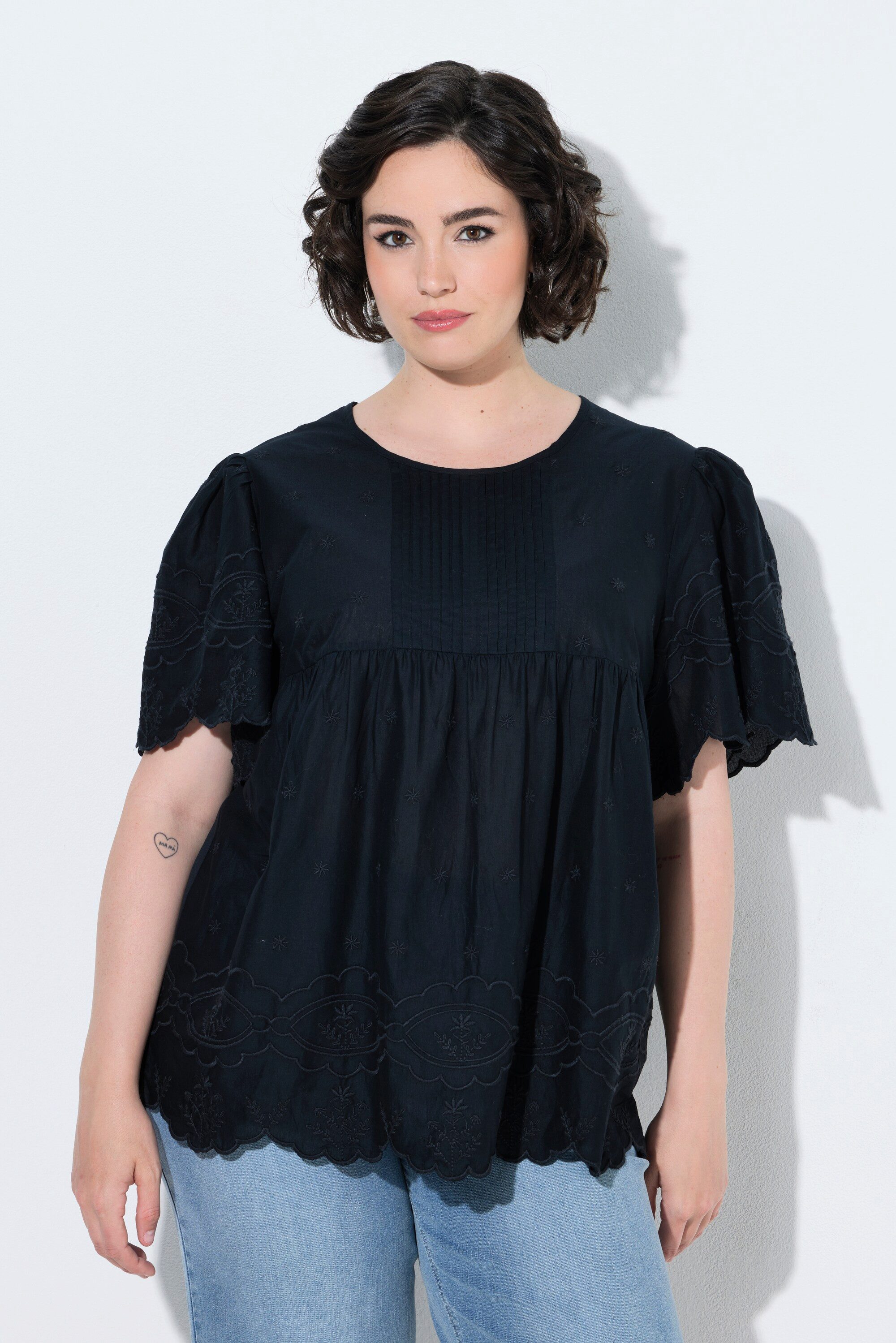 Ulla Popken Druckbluse Blusenshirt Stickerei Biesen A-Linie Rundhals