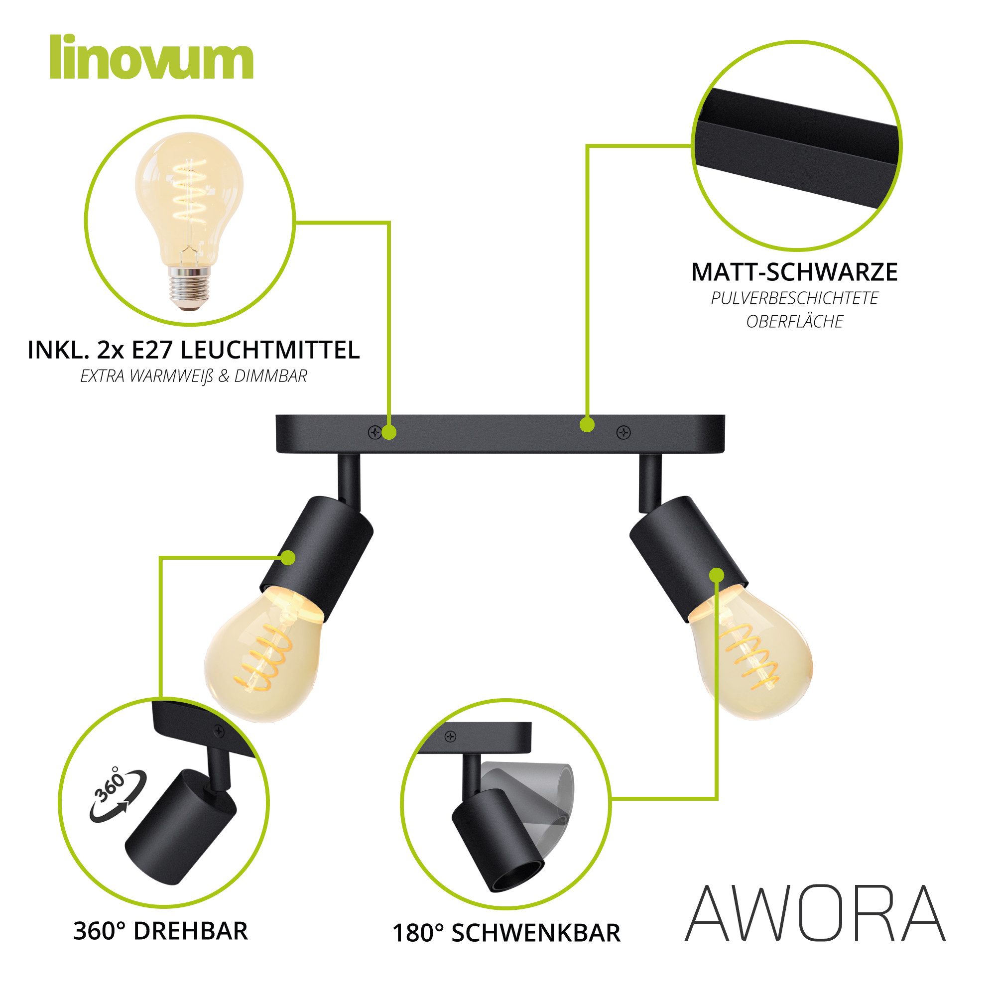 linovum LED Aufbaustrahler AWORA Deckenleuchte 2flammig schwarz mit LED extra warmweiß 1700K Spot, Extra Warmweiß