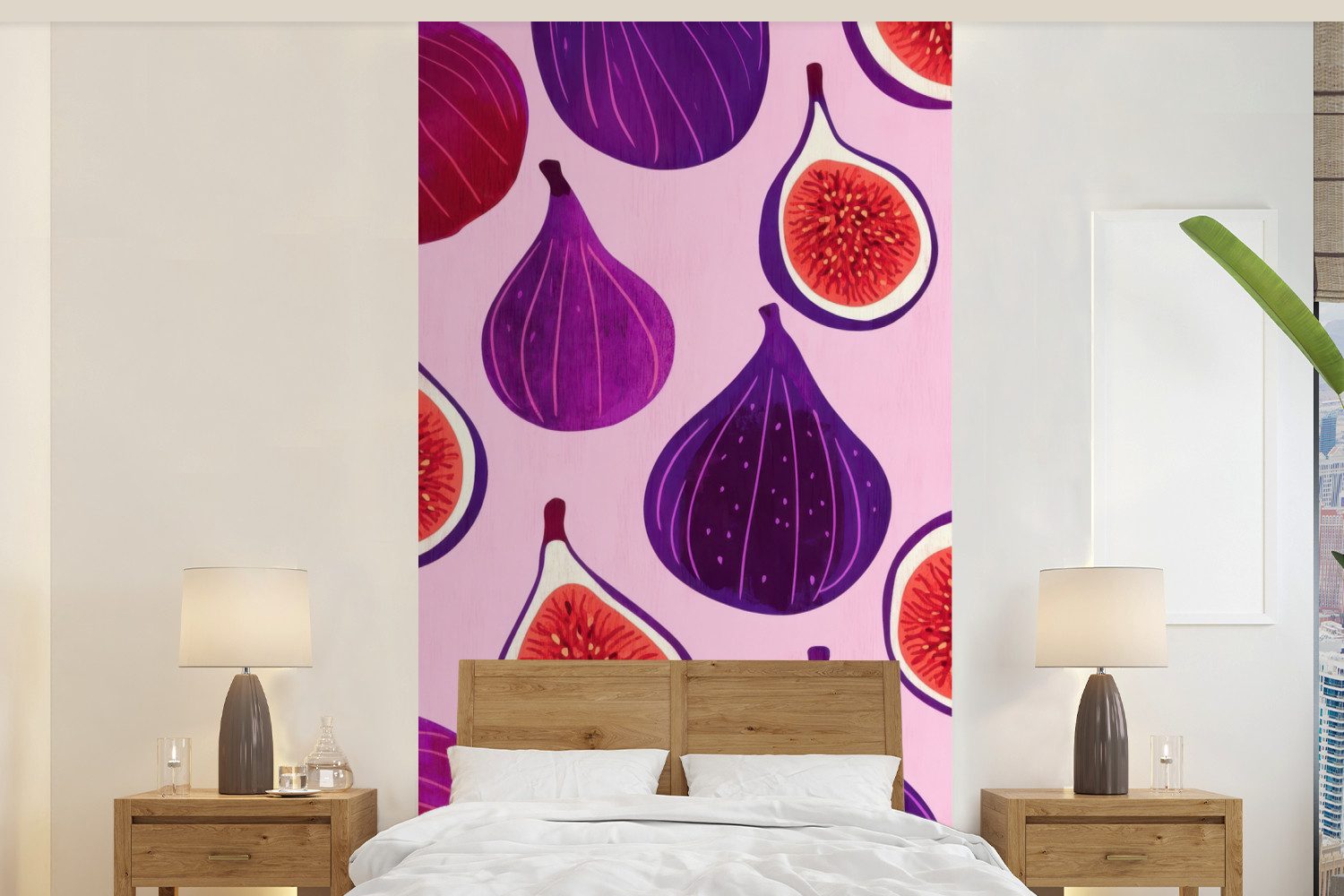 MuchoWow Fototapete Feigen - Rosa - Lila, Matt, bedruckt, Vliestapete für Wohnzimmer Schlafzimmer Küche, Fototapete, 120x240 cm