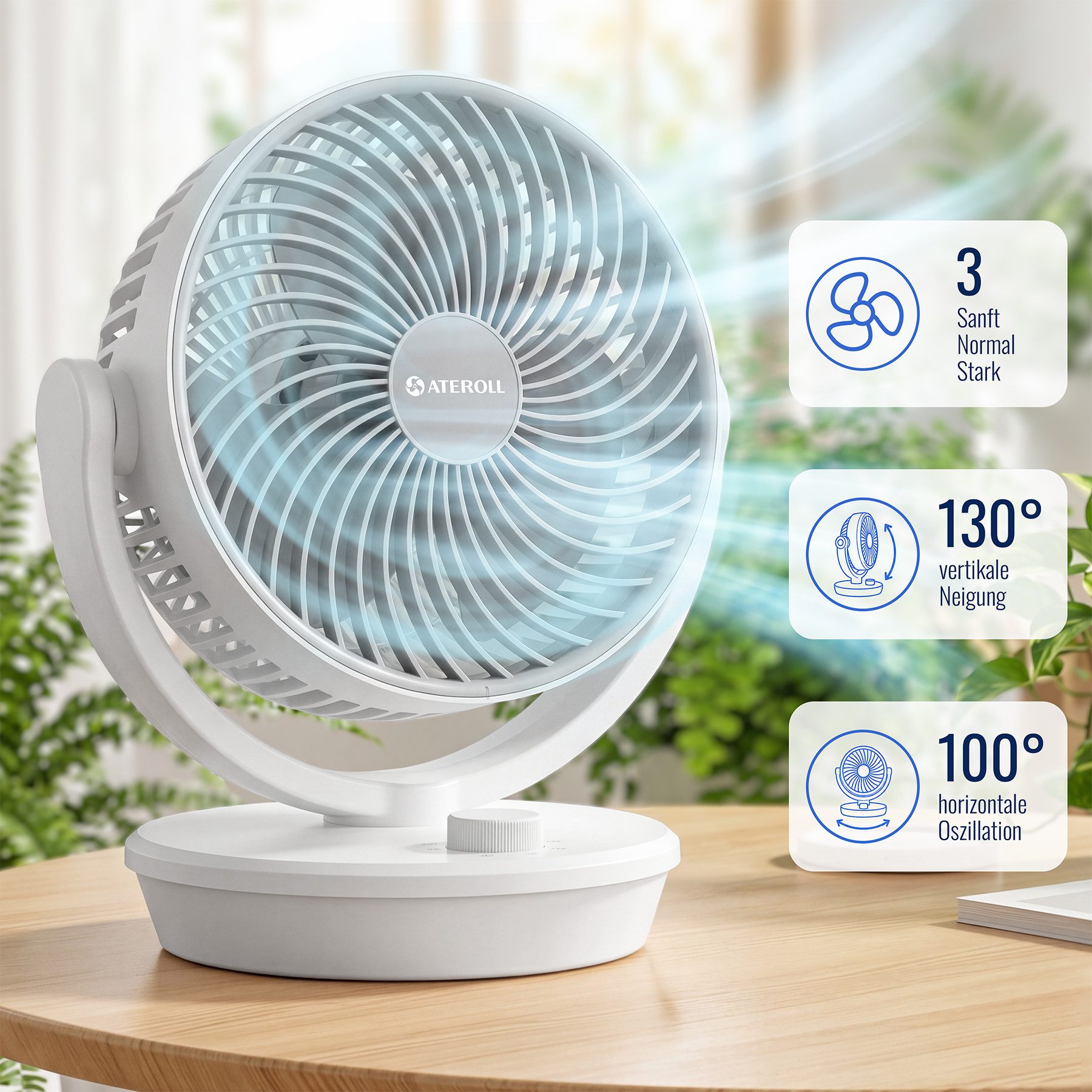 ATEROLL Tischventilator leiser Ventilator,100° Oszillation & 130° manuelle Neigungsverstellung, Umluftventilator für Schlafzimmer Wohnzimmer Büro Küchen