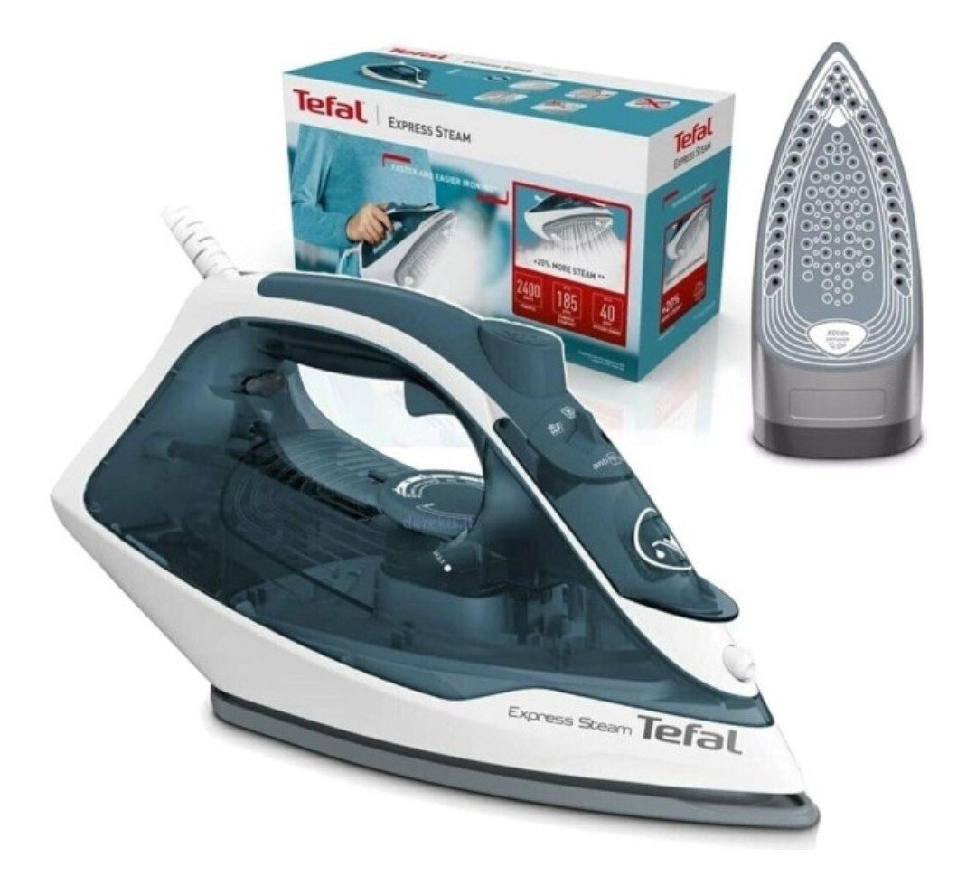 Tefal Dampfbügeleisen Tefal Express Steam FV2839E0 Dampfbügeleisen Bügeleisen - Weiß/Blau, Schnelles Aufheizen, Kraftvoller Dampfstoß