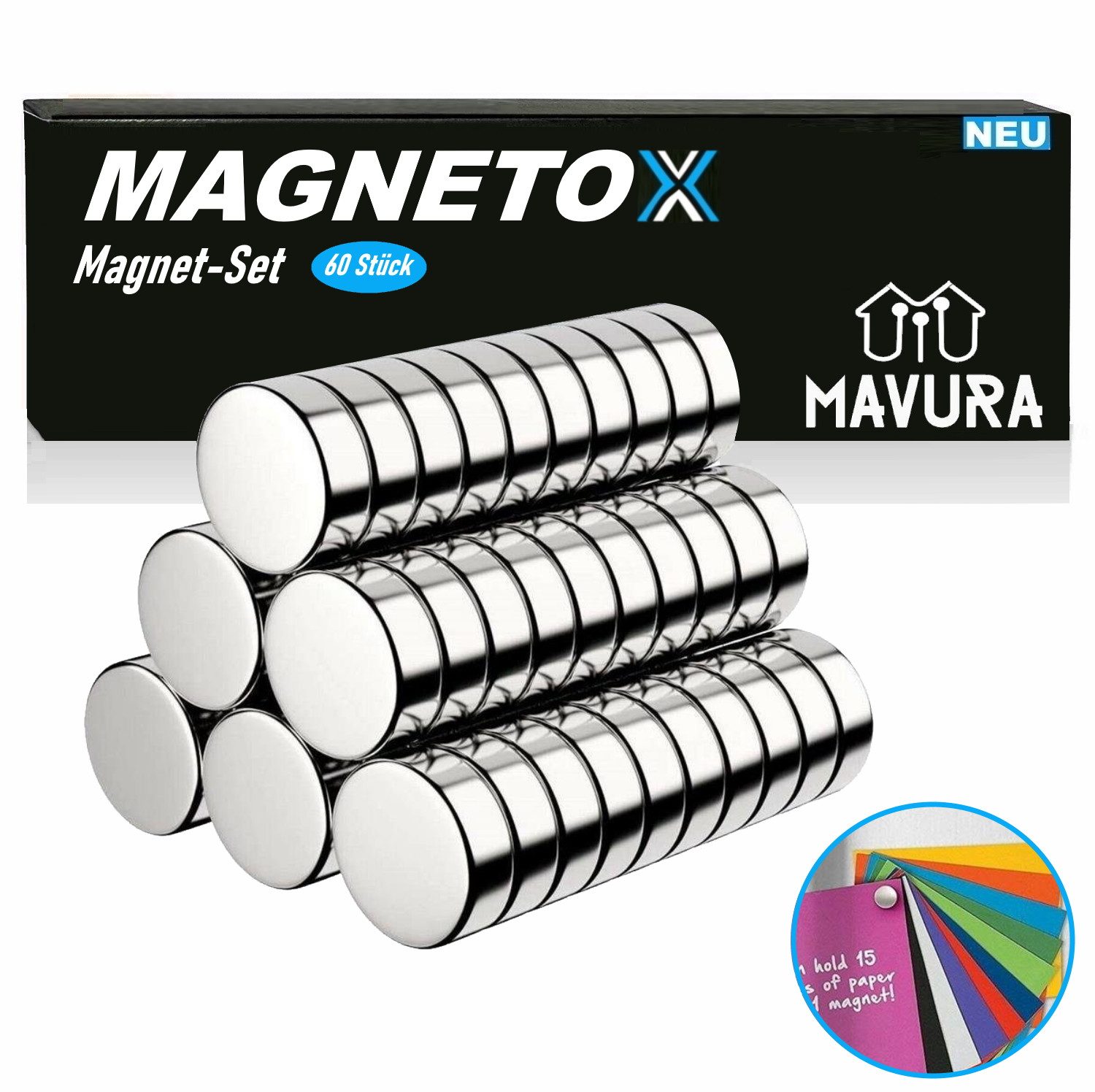 MAVURA Magnethalter MAGNETOX Neodym Magnete Mini Magnet Set Magnetscheiben, Scheibenmagnet Kühlschrank Pinnwand Kühlschrankmagnete [60x]