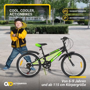 Actionbikes Motors Kinderfahrrad Kinder Fahrrad Dirt Bike BMX Arrow, 6 Gang, Kettenschaltung, (20 Zoll, ab 115 cm Körpergröße, 6 Gänge, Schutzblech, Reflektoren, Katzenaugen, Klingel, Seitenständer, Luftreifen, 1-tlg., V-Brake-Bremsen, Diamantrahmen, 40 kg Traglast, schwarz / grün), höhenverstellbares Bike Jungen Mädchen Kinderrad ab 6 Jahre