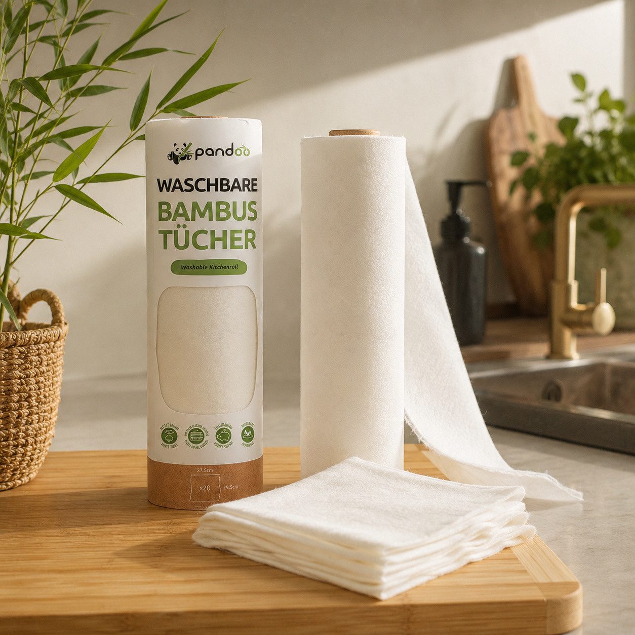 pandoo Papierküchenrolle Waschbare Bambustücher - Die wiederverwendbare Küchenrolle (1-St)