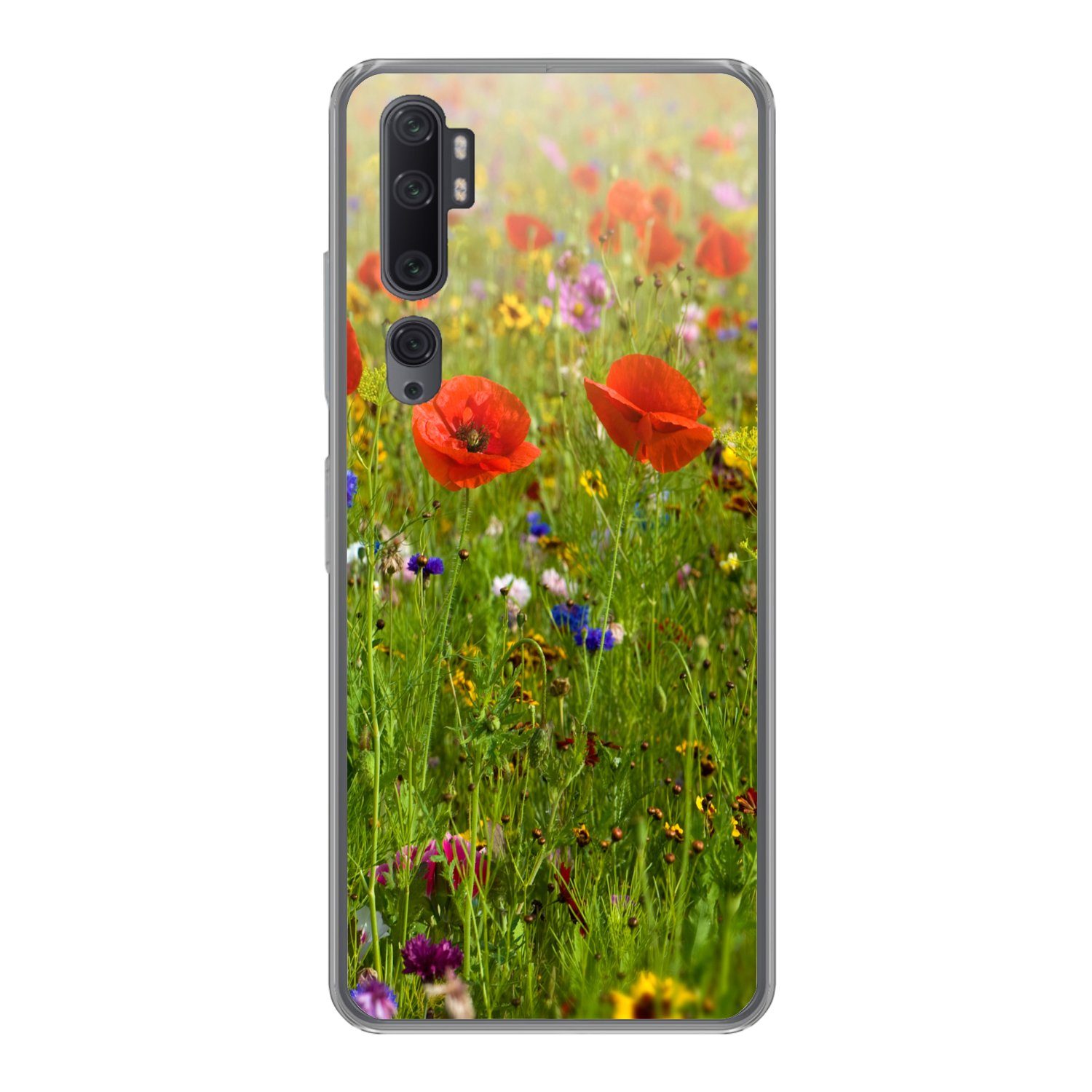 MuchoWow Handyhülle für Xiaomi Mi Note 10 Pro Frühling - Blumen - Rot - Mohn - Gras - Grün