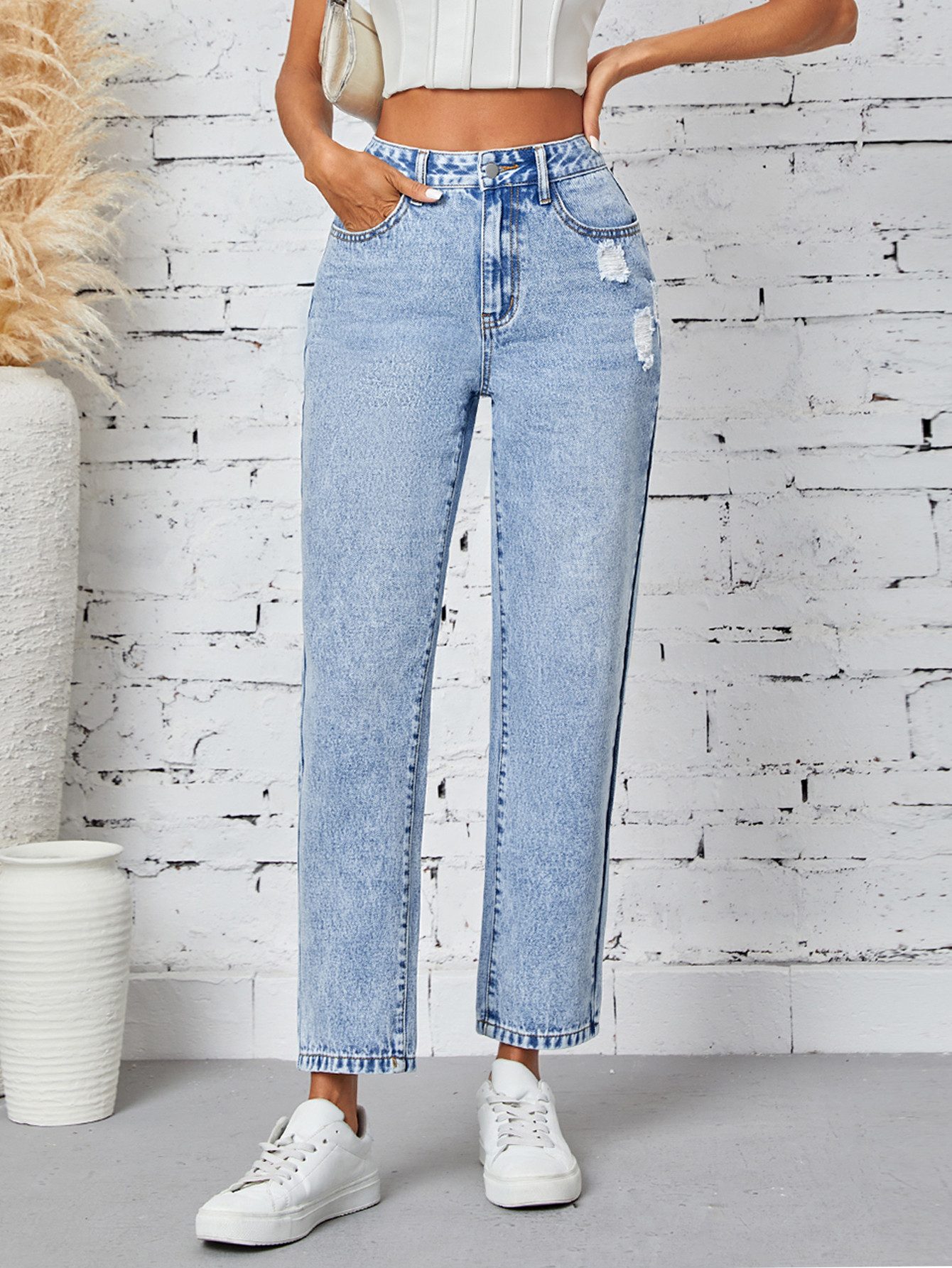 Beluring Weite Jeans Damen-Jeans in Hellblau – High-Waist Stretch-Denim mit günstig online kaufen