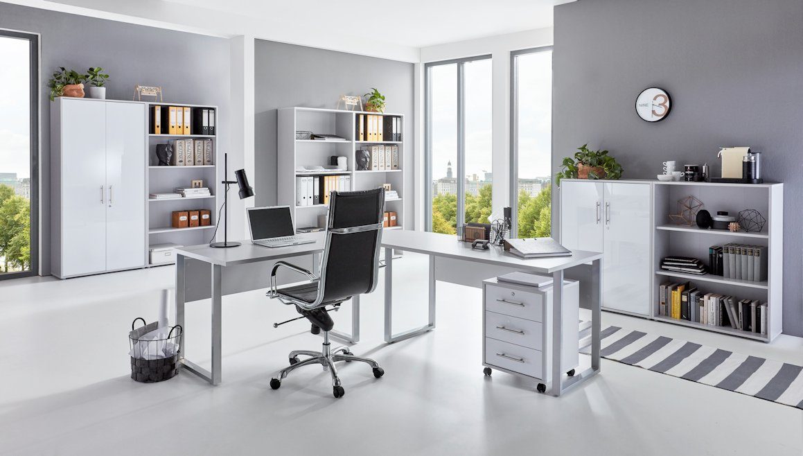 Büroschrank (Büromöbel-Set, / moebel-dich-auf Schreibtisch EDITION + + Hochglanz 7 Set Aktenschrank Regale) lichtgrau 8-St., + weiß Metallgriffe Rollcontainer Arbeitszimmer, OFFICE