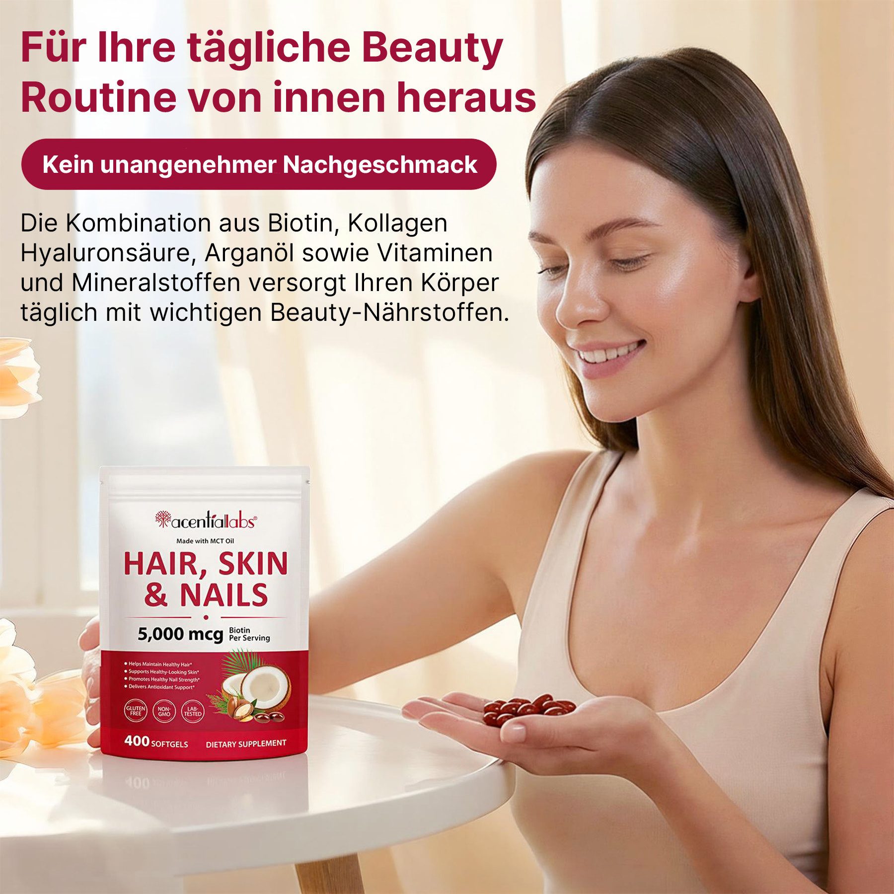 Acentiallabs Biotin Hochdosiert für Haut Haare Nägel Gummies mit Vitaminen Softgels, Haarepflege, Wohlbefinden, Hochdosiert, Anti-Falten